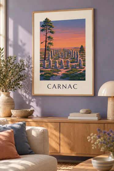 Poster Menhire von Carnac im Sonnenuntergang : gerahmt an der Wand