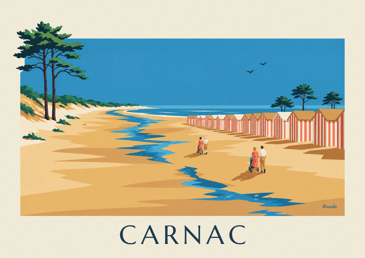 Affiche Grande Plage de Carnac à marée basse et cabines rayées