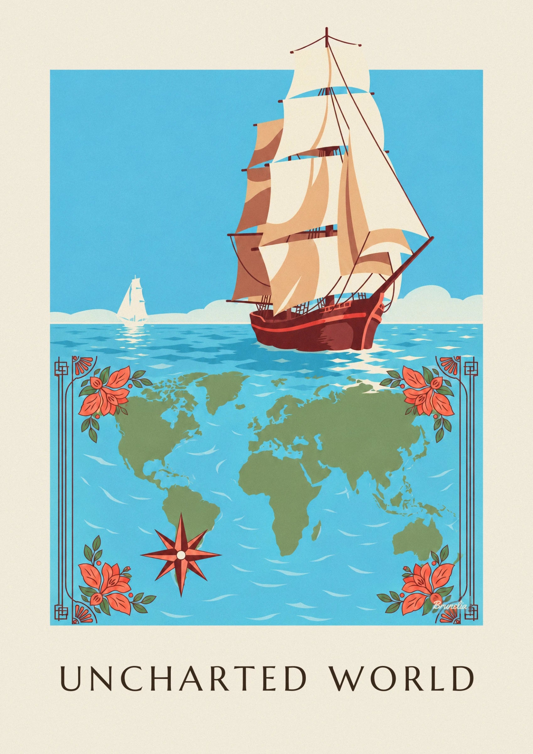 Das Segelschiff mit cremefarbenen und ockerfarbenen Segeln und rotbraunem Rumpf auf blauem Meer