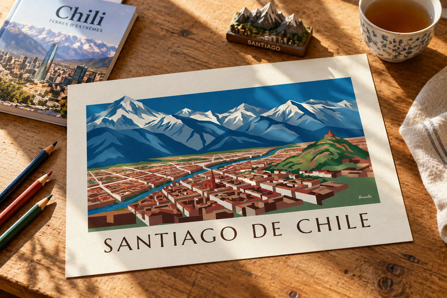 Affiche carte illustrée de Santiago du Chili et des Andes : posée sur une table