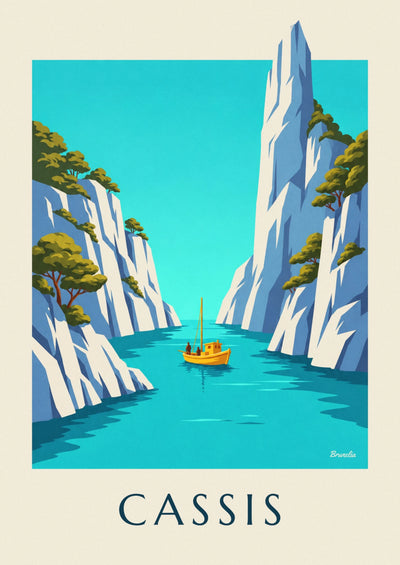 Poster gelbes Boot in einer Calanque bei Cassis: das ganze Poster