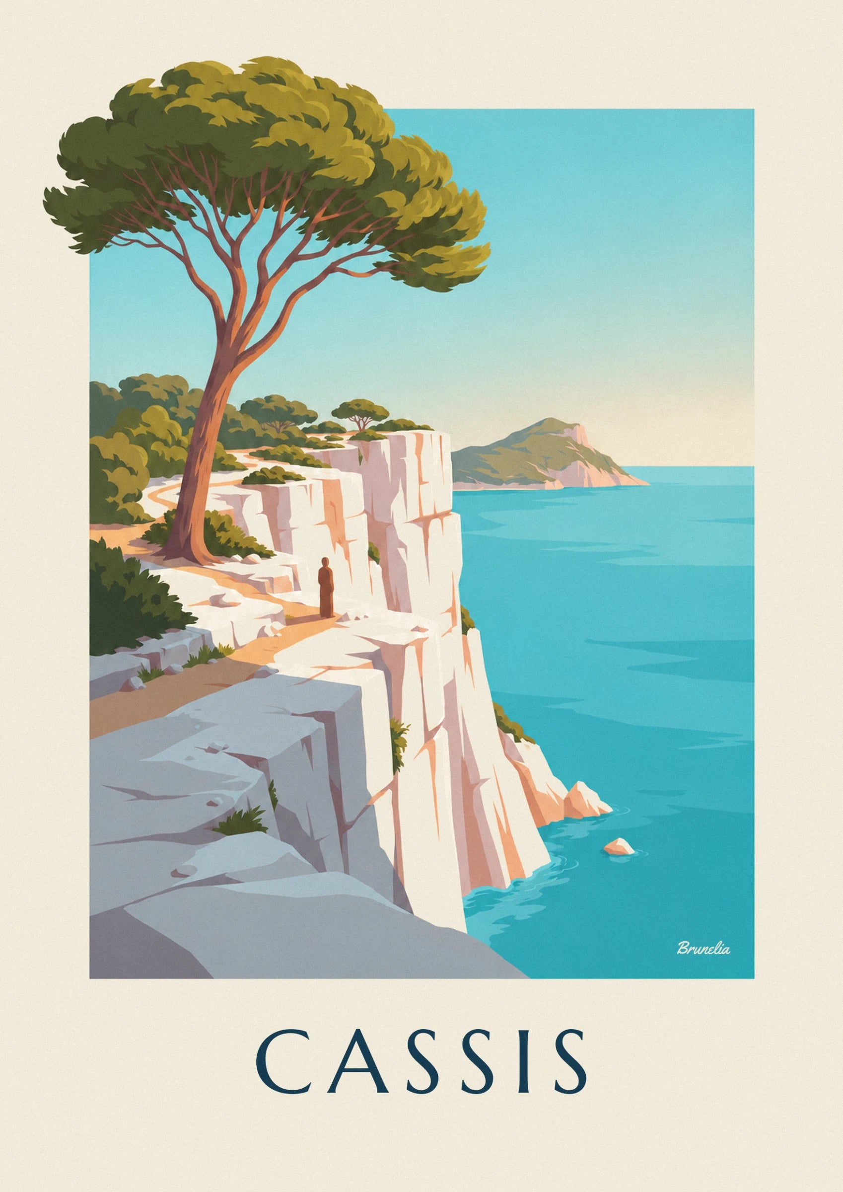 The umbrella pine leaning over the white cliffs and green bushes