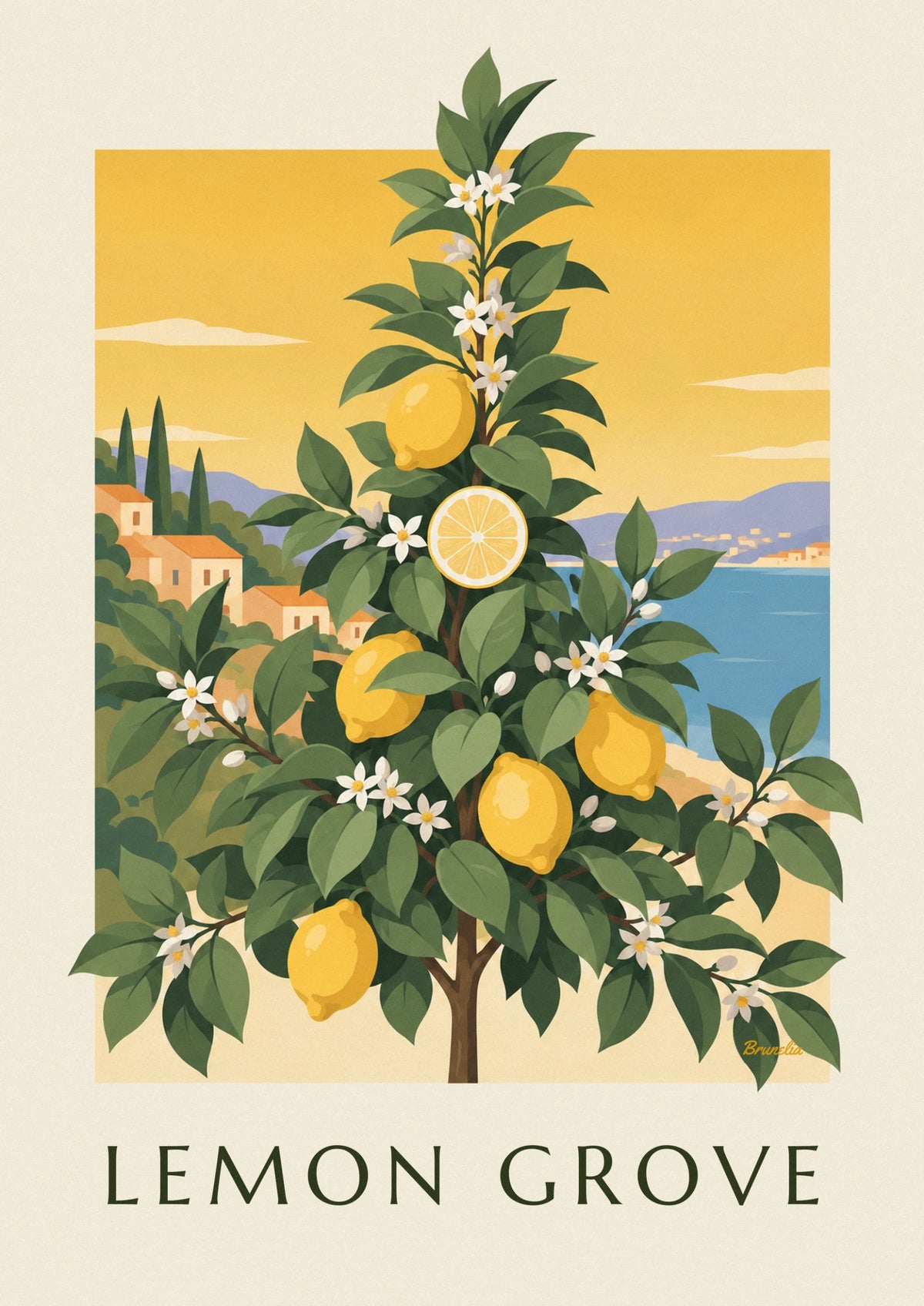 Poster botanische Tafel des Zitronenbaums mit Blüten und Früchten