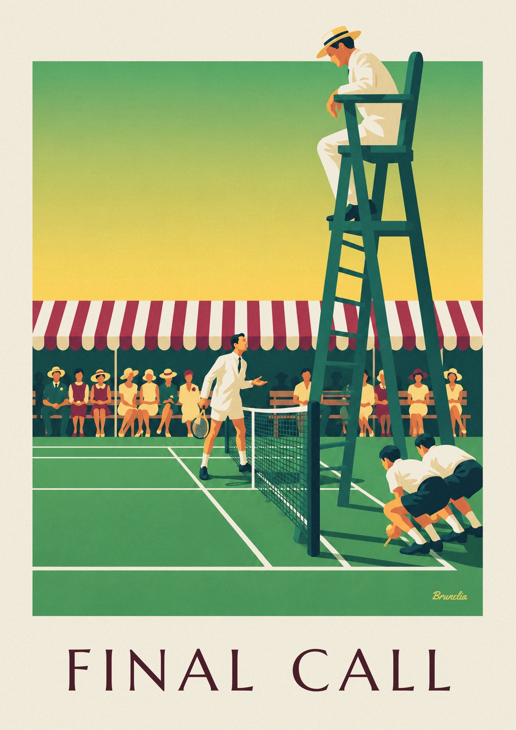 Affiche arbitre de chaise au bord du court de tennis en gazon : détail en gros plan