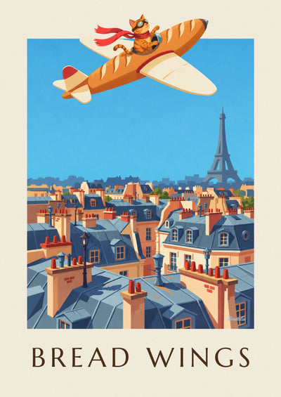 Poster Katze als Pilot in einem Flugzeug in Form eines Baguettes: das ganze Poster