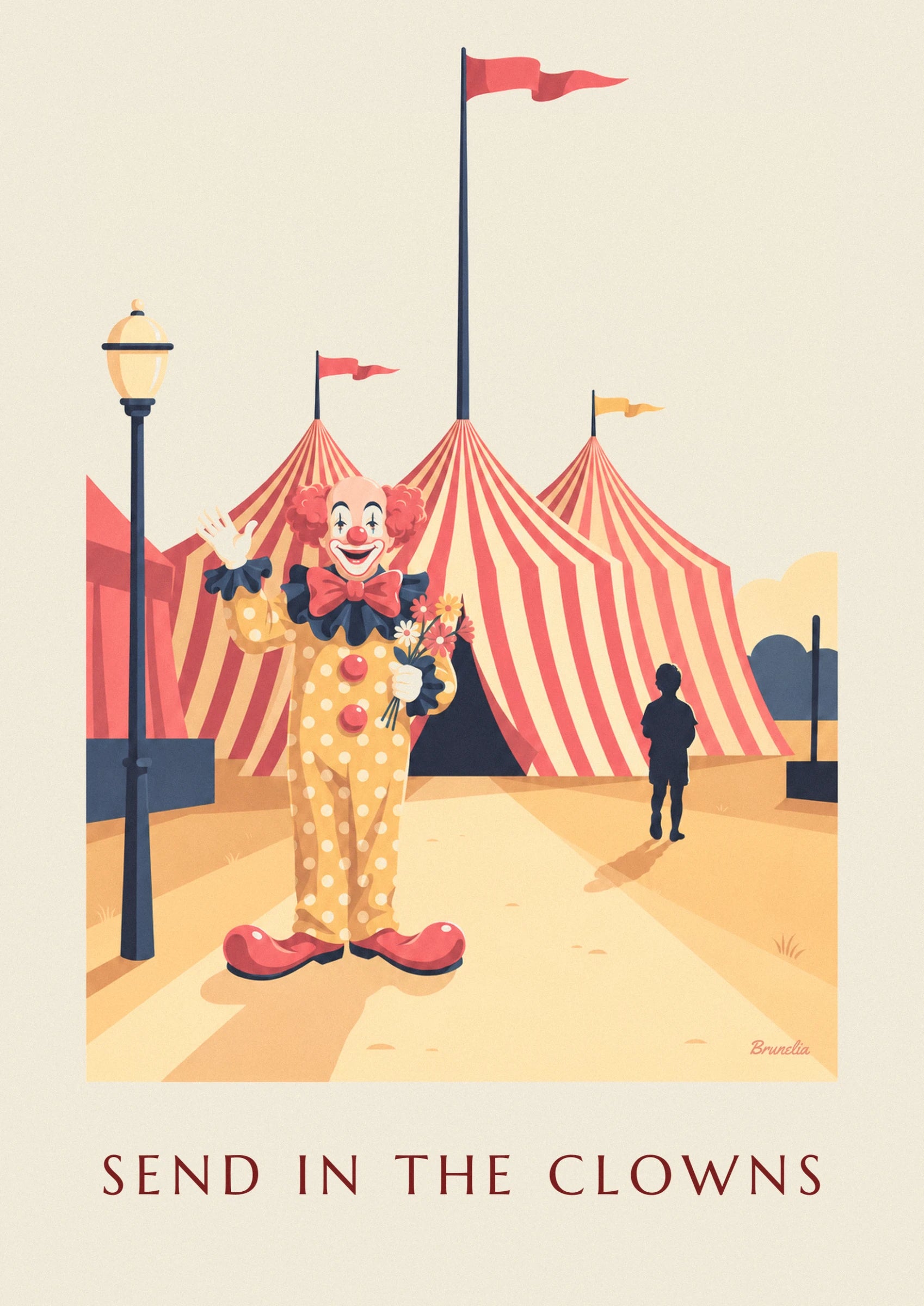 The clown in yellow polka dots waving, with a large red bow and a bunch of flowers
