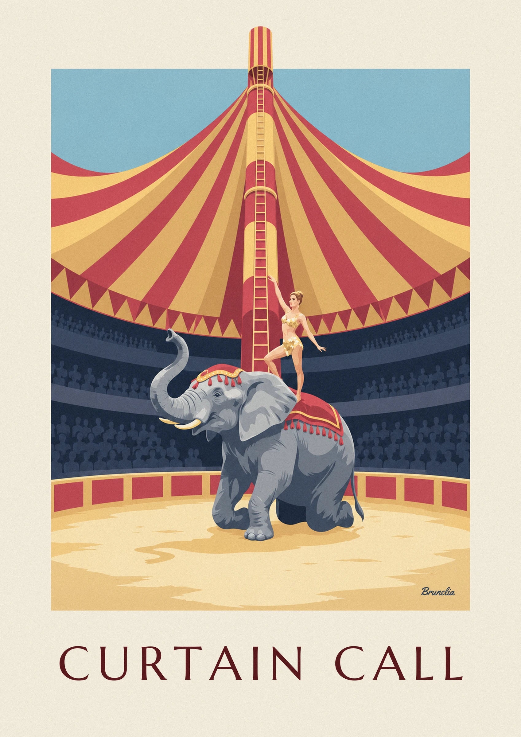 L'éléphant gris agenouillé, trompe levée, et l'acrobate en tenue dorée debout sur sa housse rouge