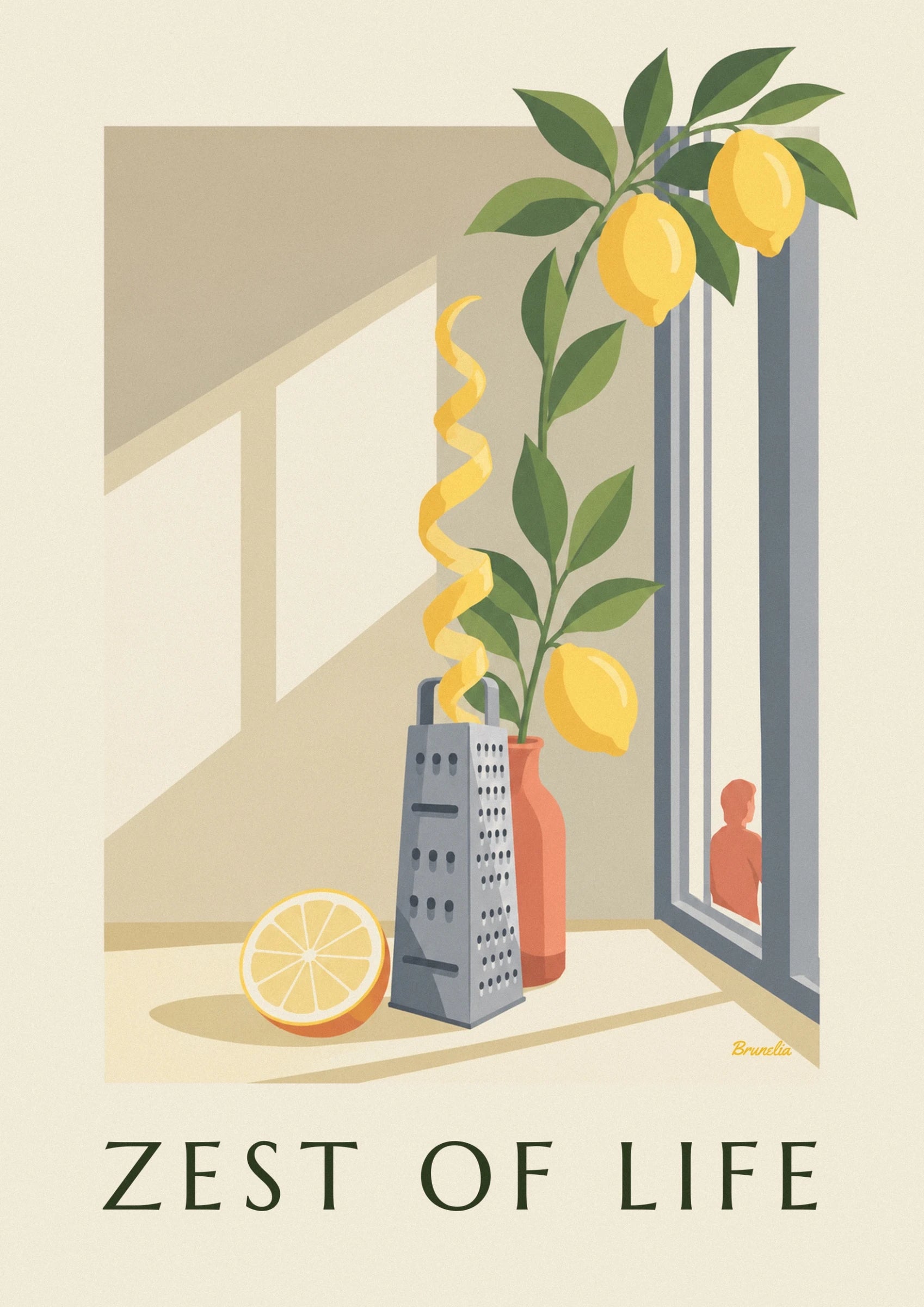 Die halbe Zitrone und die graue Reibe neben einer orangefarbenen Vase