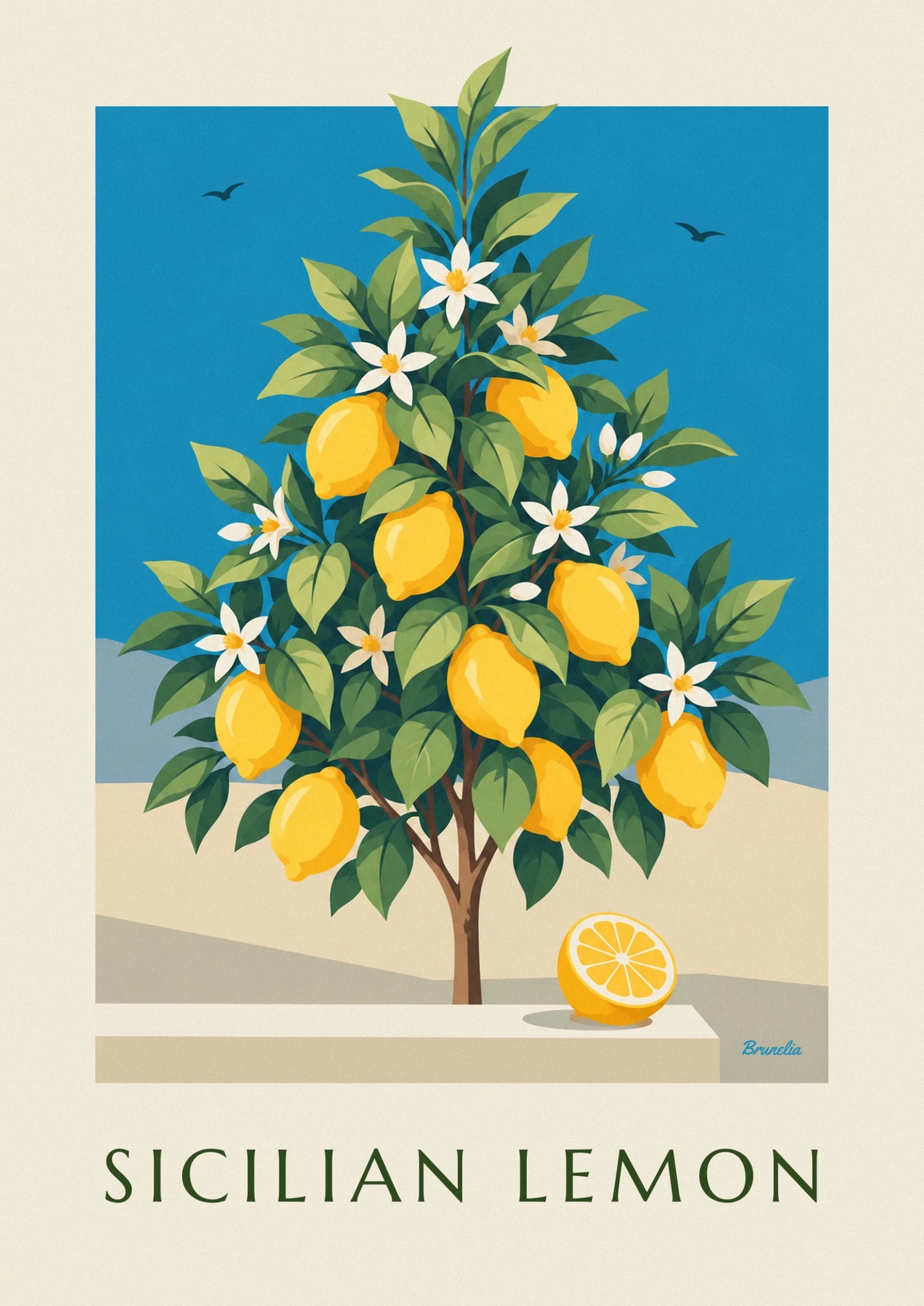 Reife Zitronen zwischen grünen Blättern und weißen Blüten vor blauem Himmel