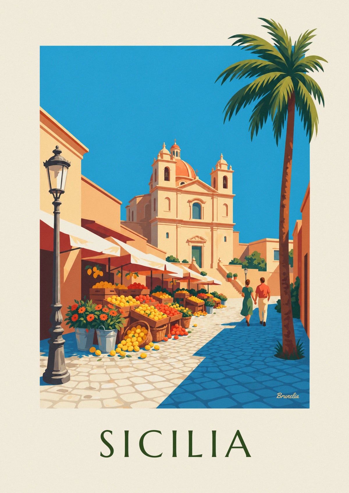 Poster sizilianischer Markt mit Zitronen, Orangen und Blumen