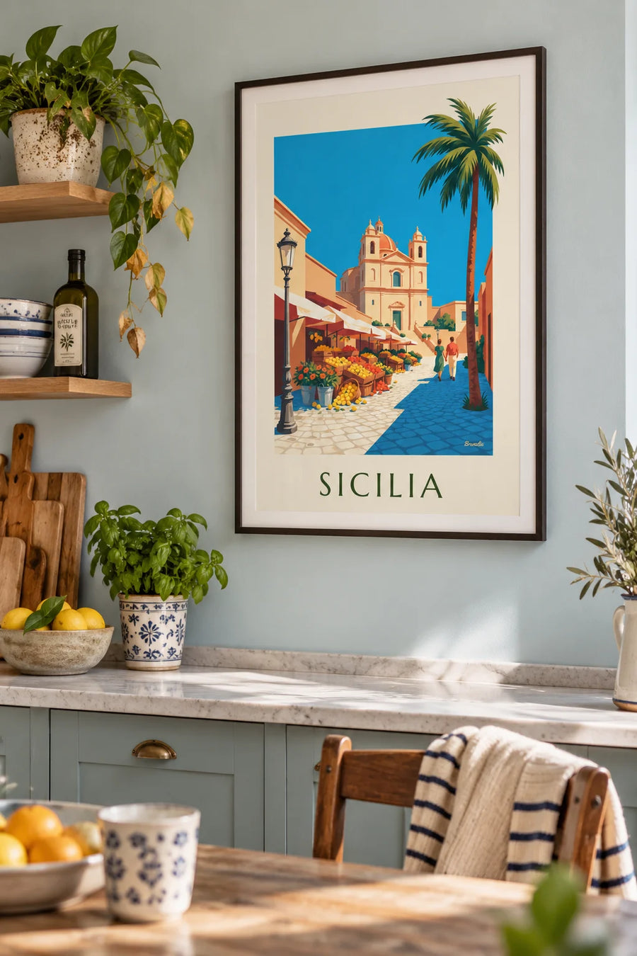 Poster sizilianischer Markt mit Zitronen, Orangen und Blumen: gerahmt an der Wand
