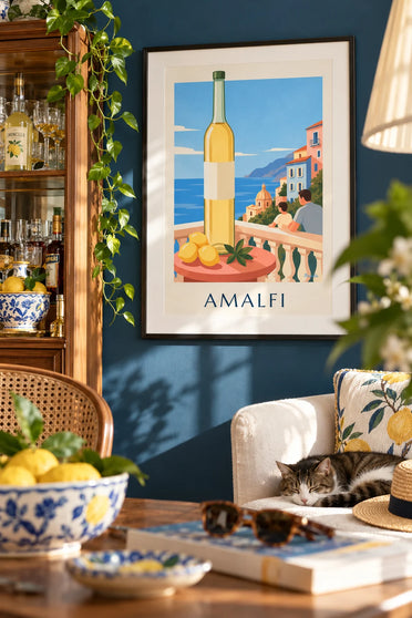 Poster Limoncello-Flasche und Zitronen an der Amalfiküste: gerahmt an der Wand