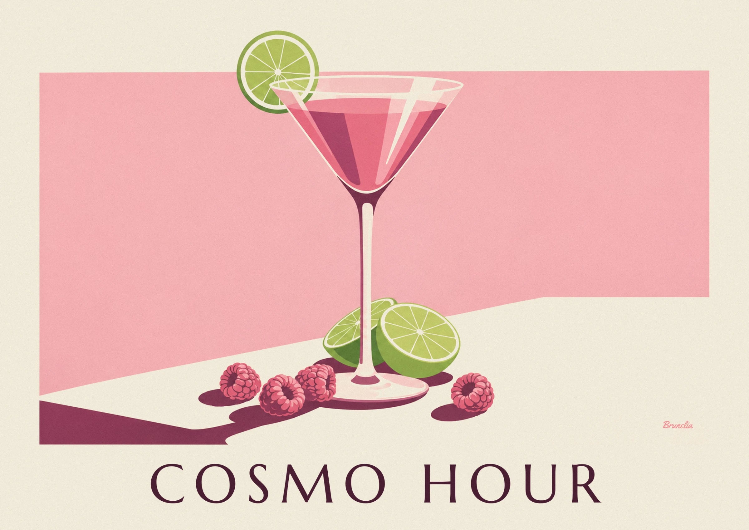 Das rosa Cocktailglas mit seiner Limettenscheibe vor einem zarten Pastellhintergrund