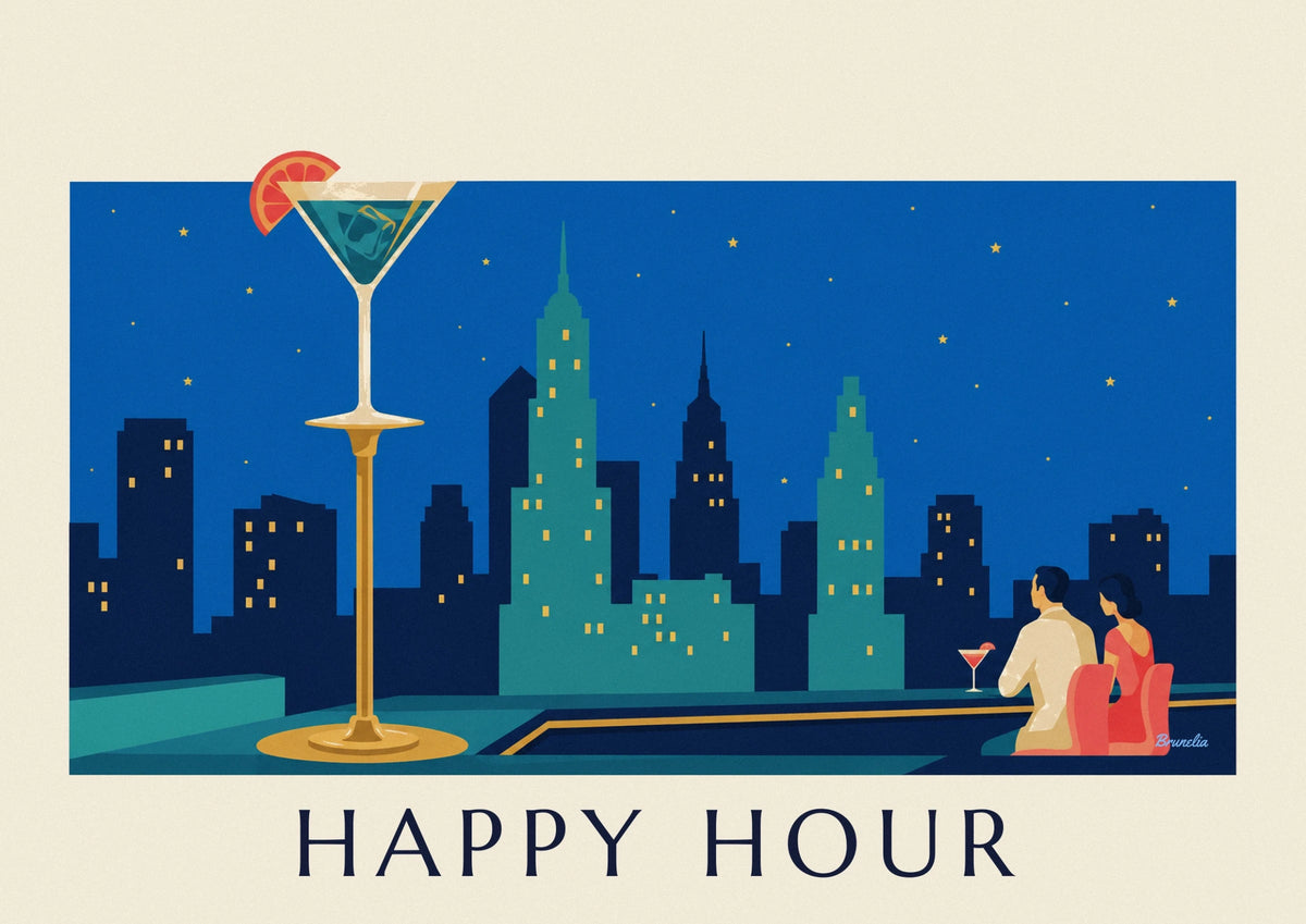 Poster Cocktailglas auf der Bar einer Rooftop-Bar unter Sternenhimmel