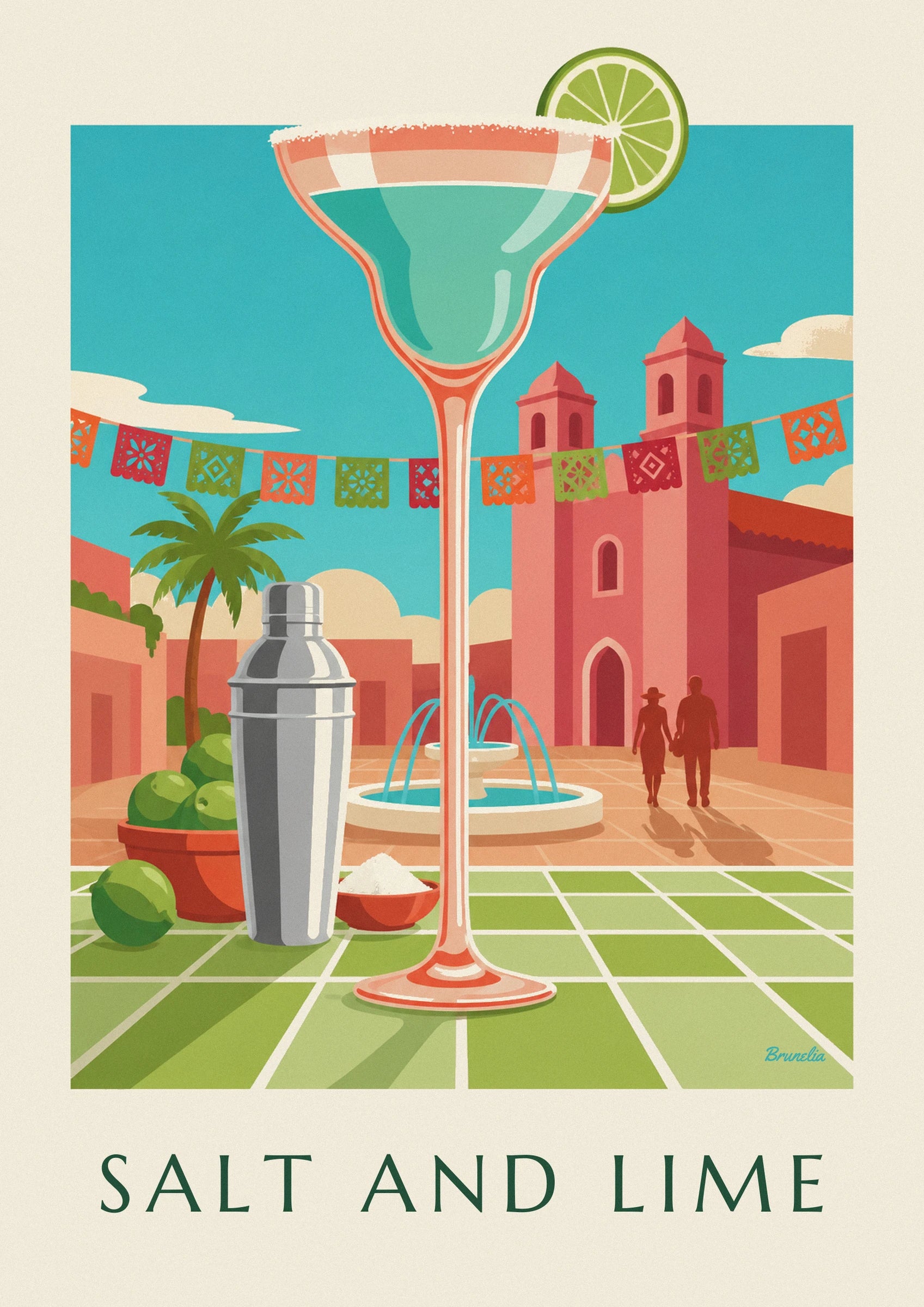 Das Margaritaglas mit langem orangefarbenem Stiel vor den bunten Wimpelketten der Cantina