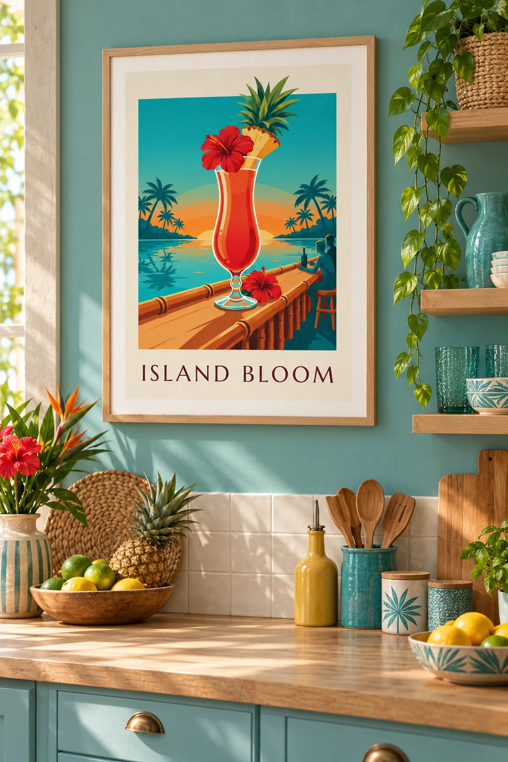 Hibiscus tropical cocktail on a beach bar poster on the wall