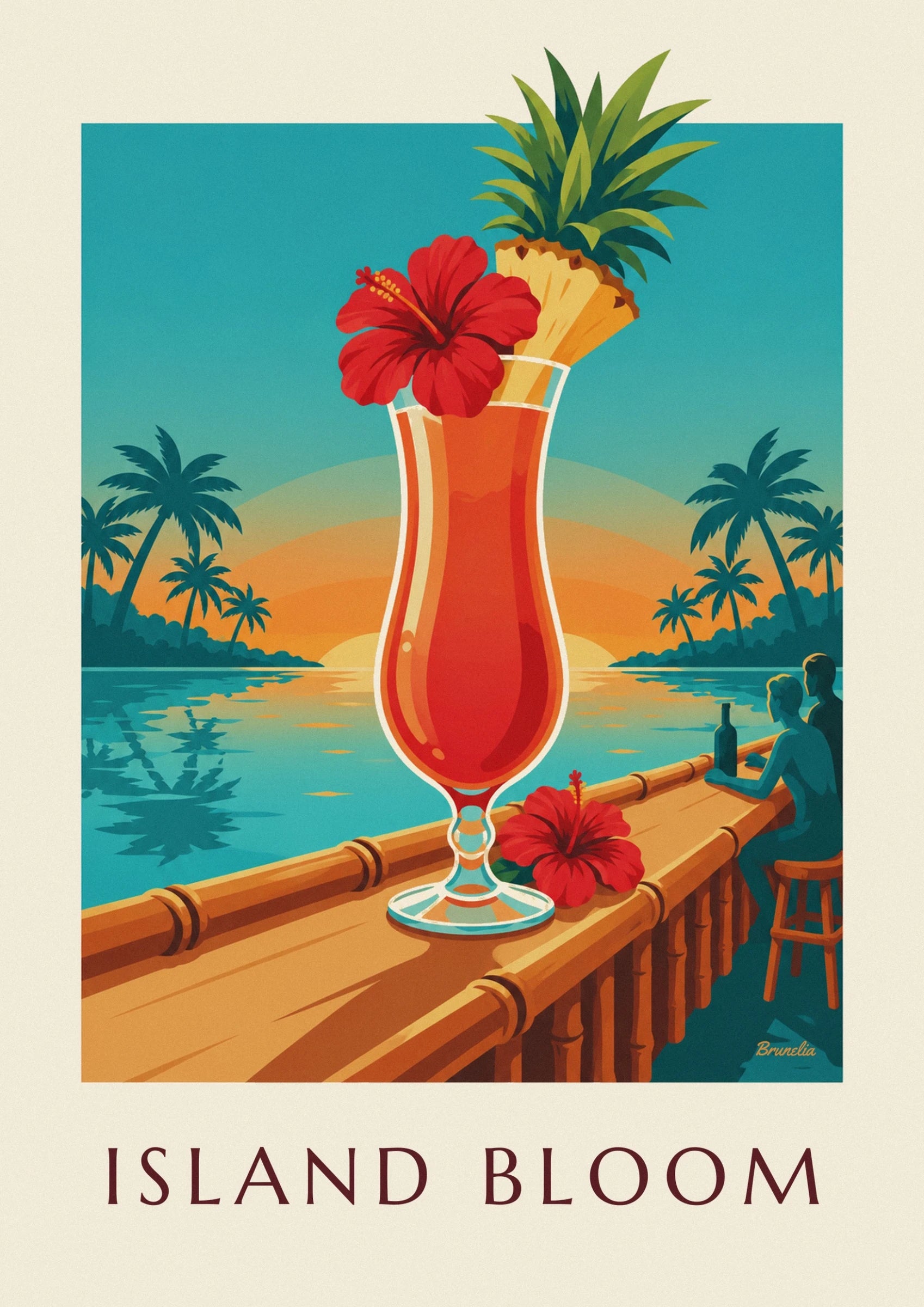 Ein geschwungenes Glas mit orangefarbenem Cocktail, gekrönt von einer roten Hibiskusblüte