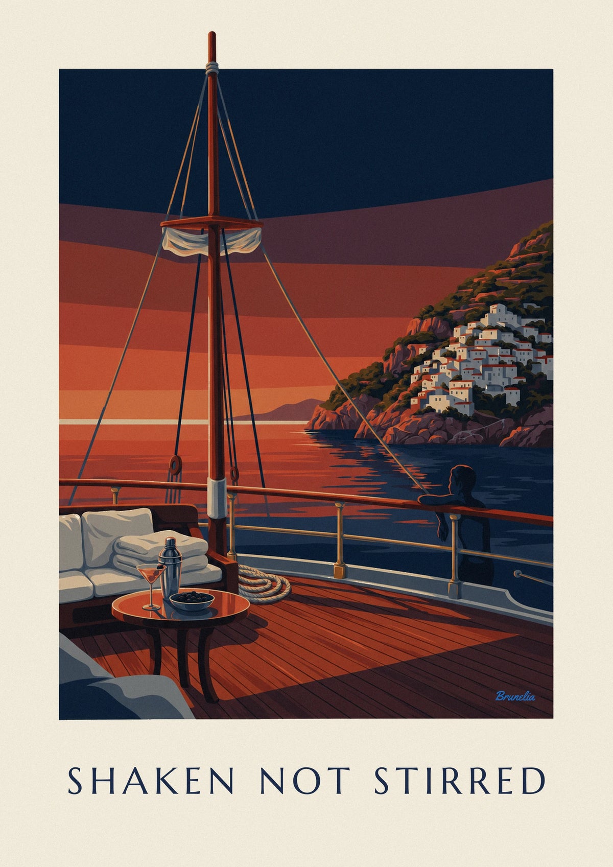 Affiche shaker et verre à martini sur le pont d'un voilier