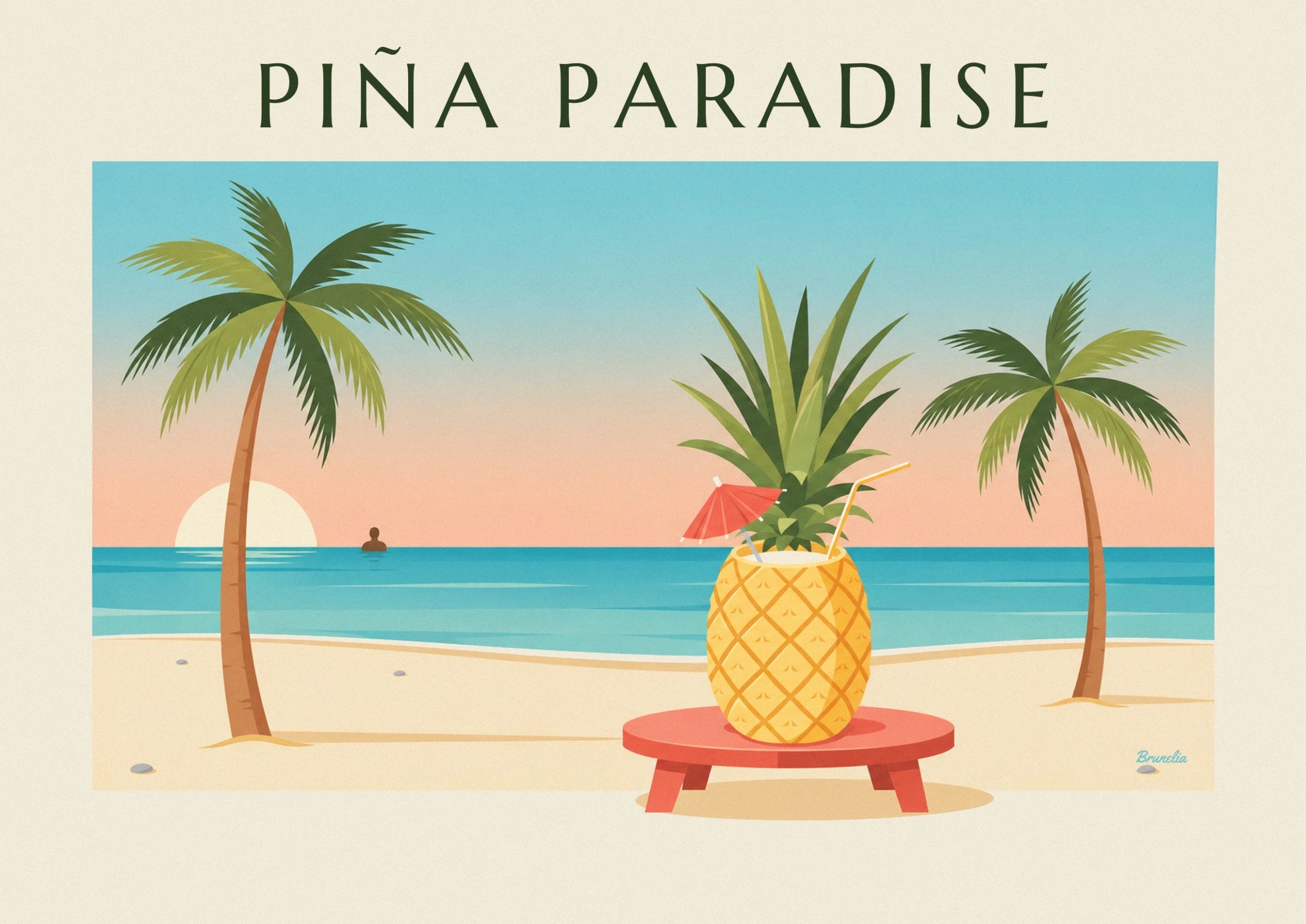 Der Cocktail, serviert in einer goldenen Ananas auf einem roten Tisch am Strand