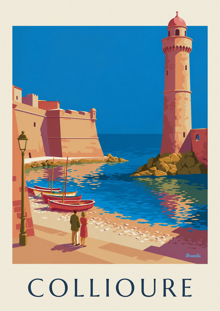Poster Königsschloss und Glockenturm von Collioure an der Bucht