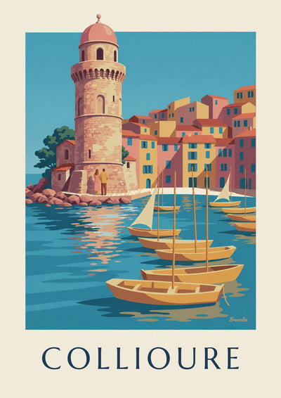 Affiche voiliers jaunes dans le port de Collioure : l'affiche entière
