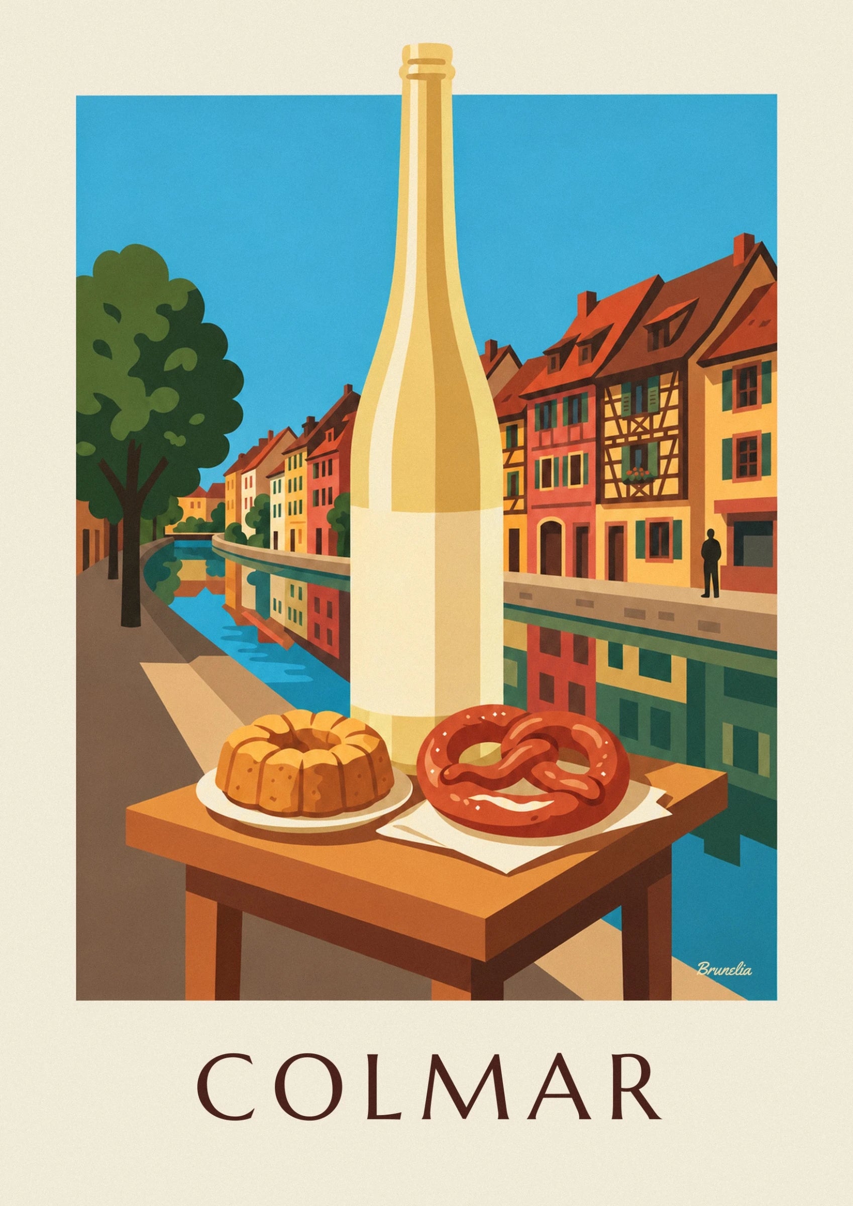 Ein goldener Kougelhopf auf einem weißen Teller am Kanal