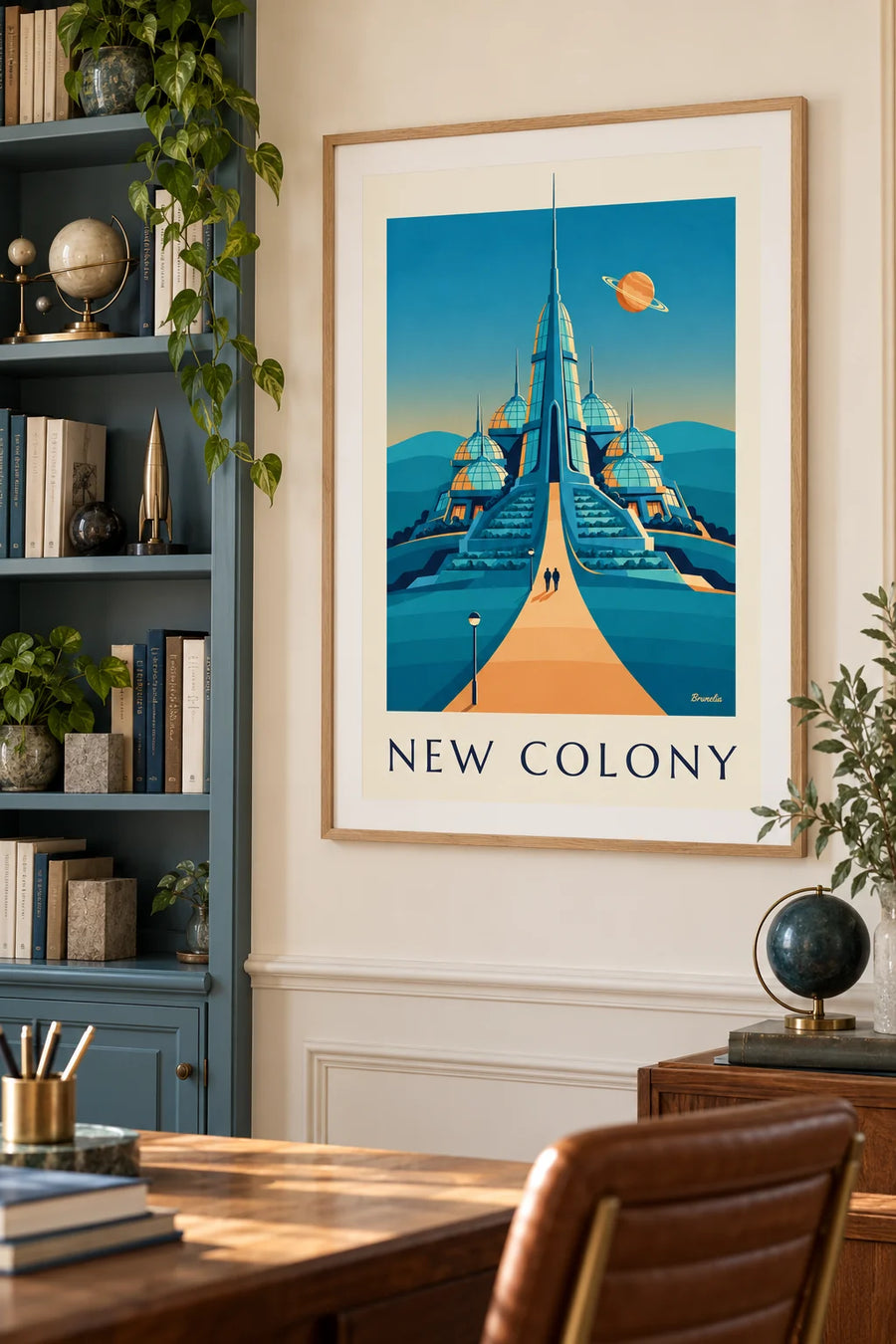 Affiche colonie sous des dômes de verre sur une planète : encadrée au mur