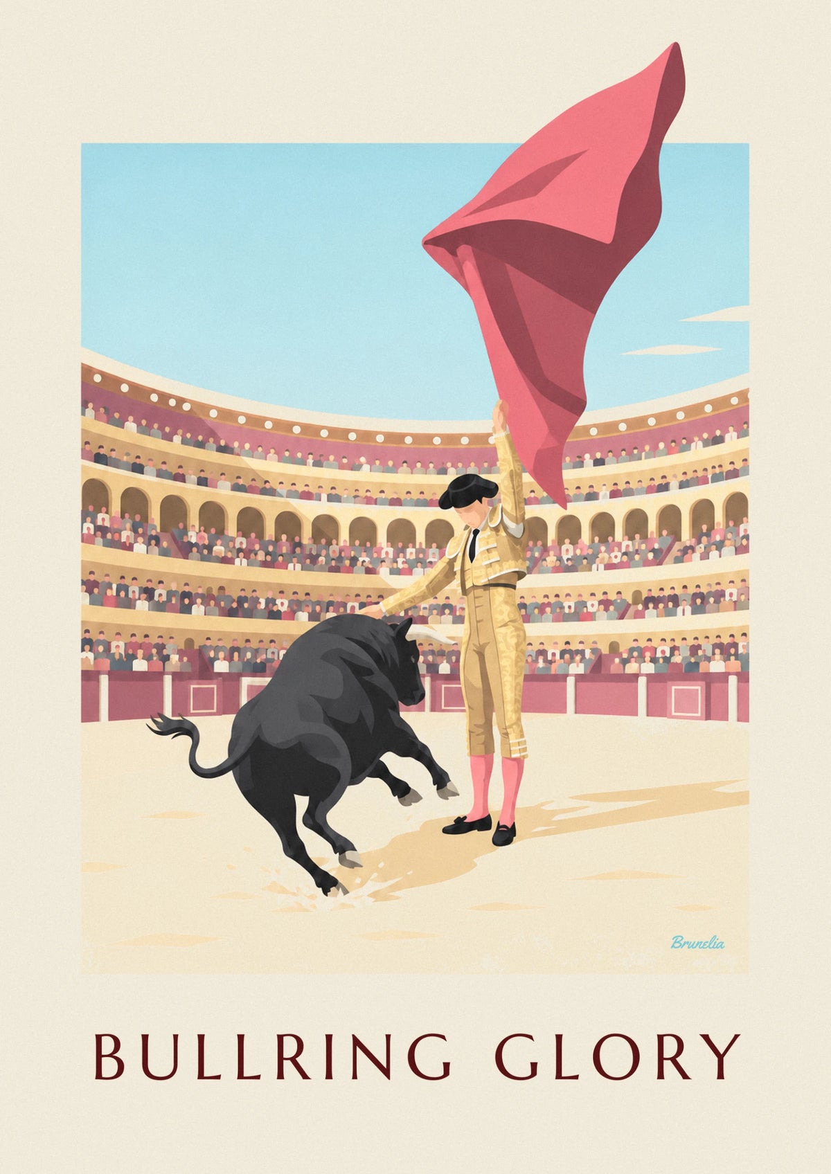 Poster Matador und schwarzer Stier in einer sonnigen Arena