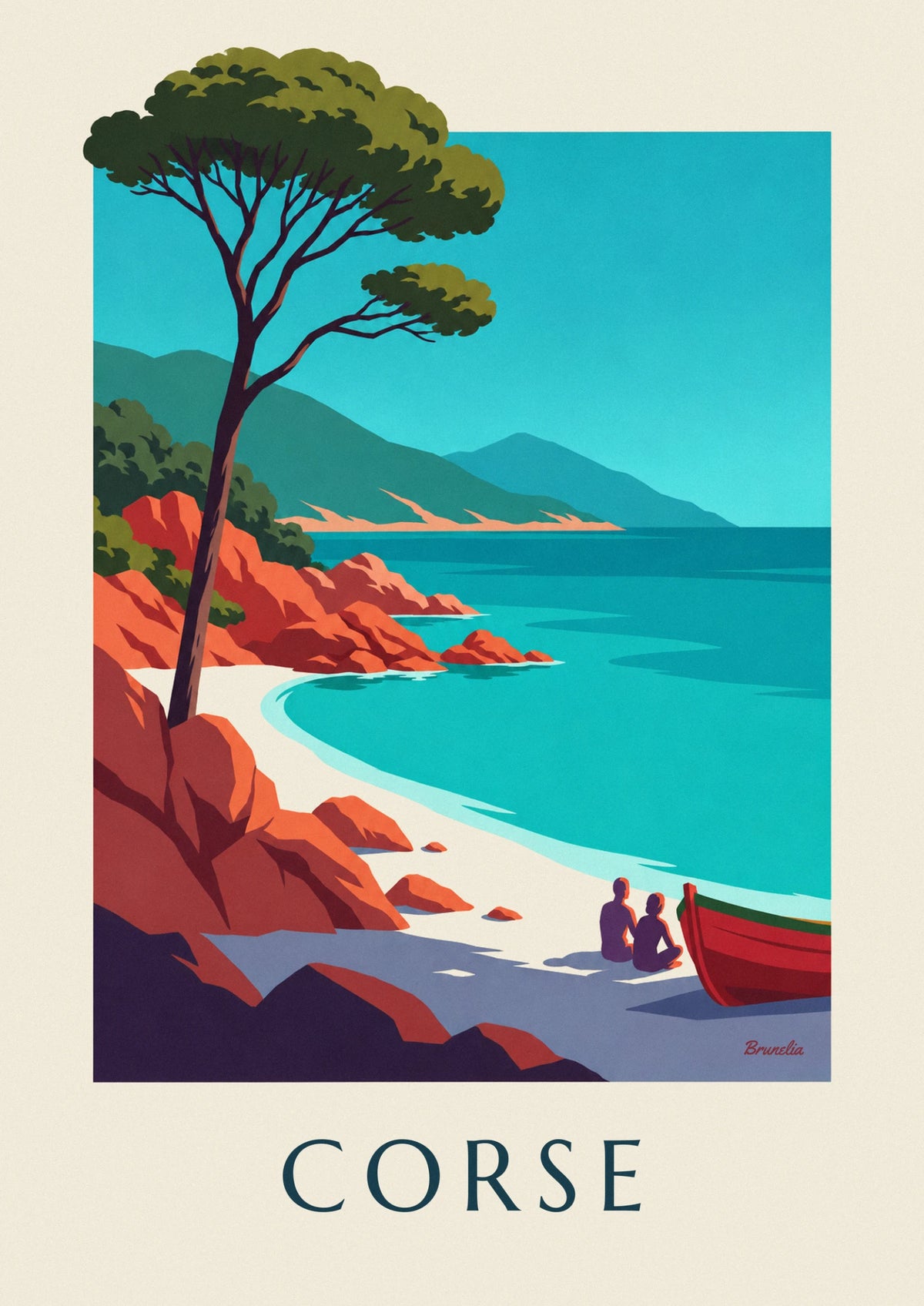 Poster Bucht auf Korsika, rote Granitfelsen und Schirmpinie