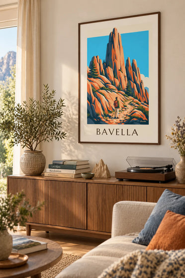 Affiche randonneur face aux aiguilles de Bavella en Corse : encadrée au mur