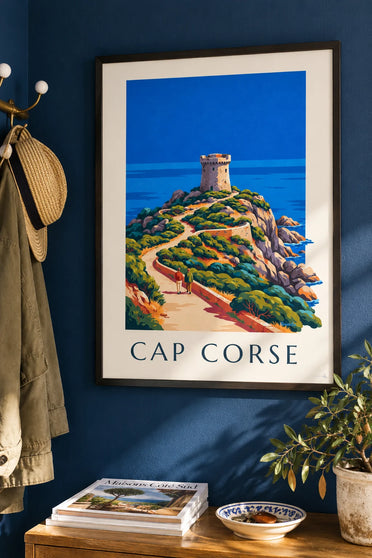 Poster Genueser Turm an der Küste des Cap Corse: gerahmt an der Wand
