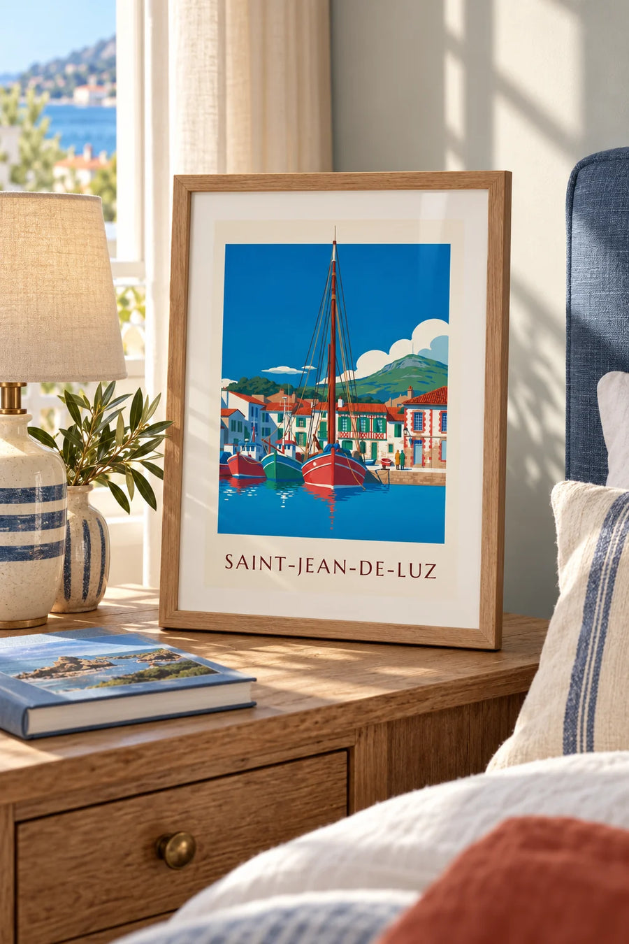 Affiche port de pêche de Saint-Jean-de-Luz et La Rhune : petit format A4 encadré