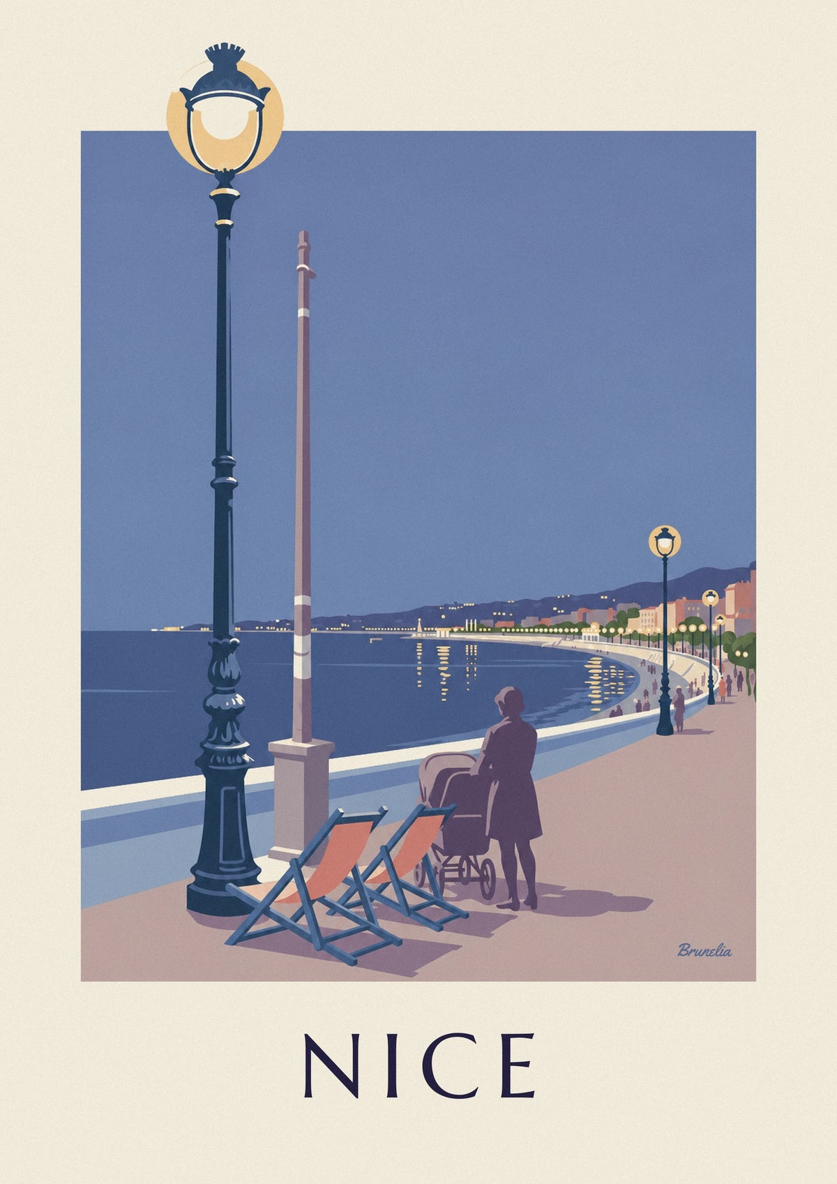 Poster Liegestühle und Laterne an der Baie des Anges am Abend