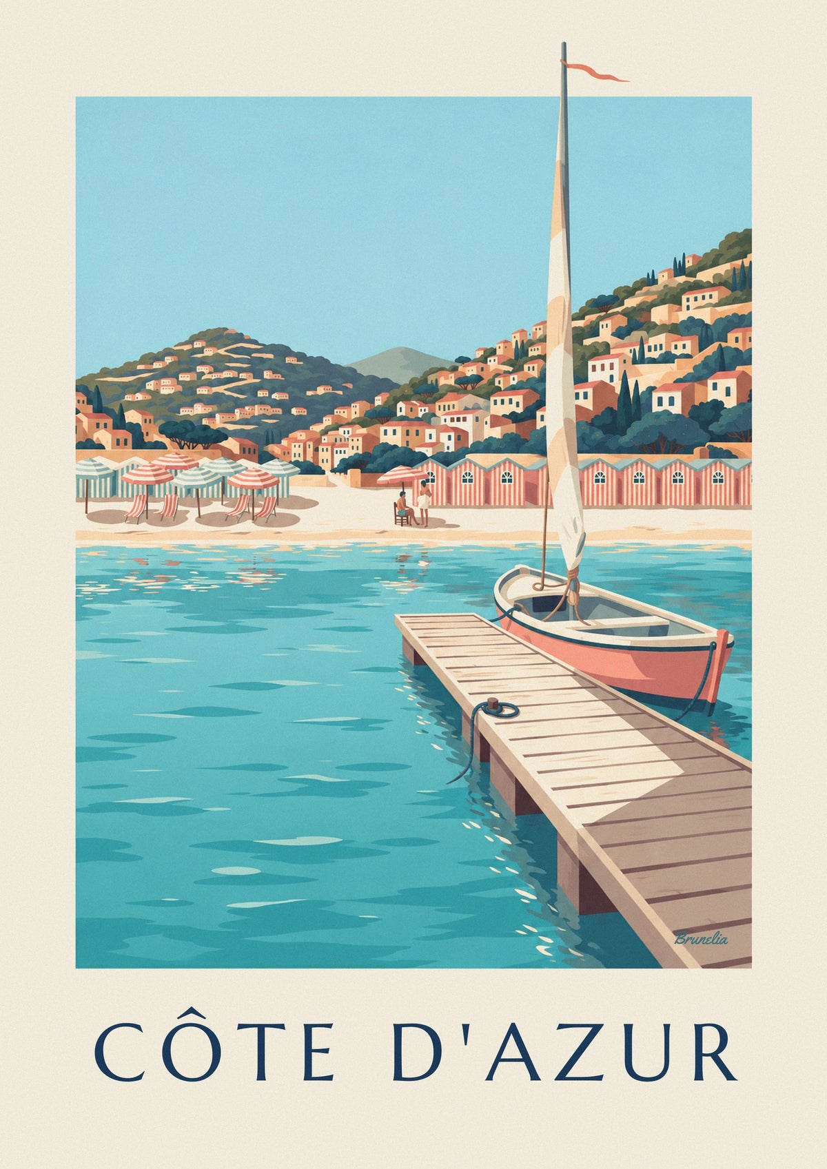 Affiche cabines de plage rayées et ponton sur la Côte d'Azur