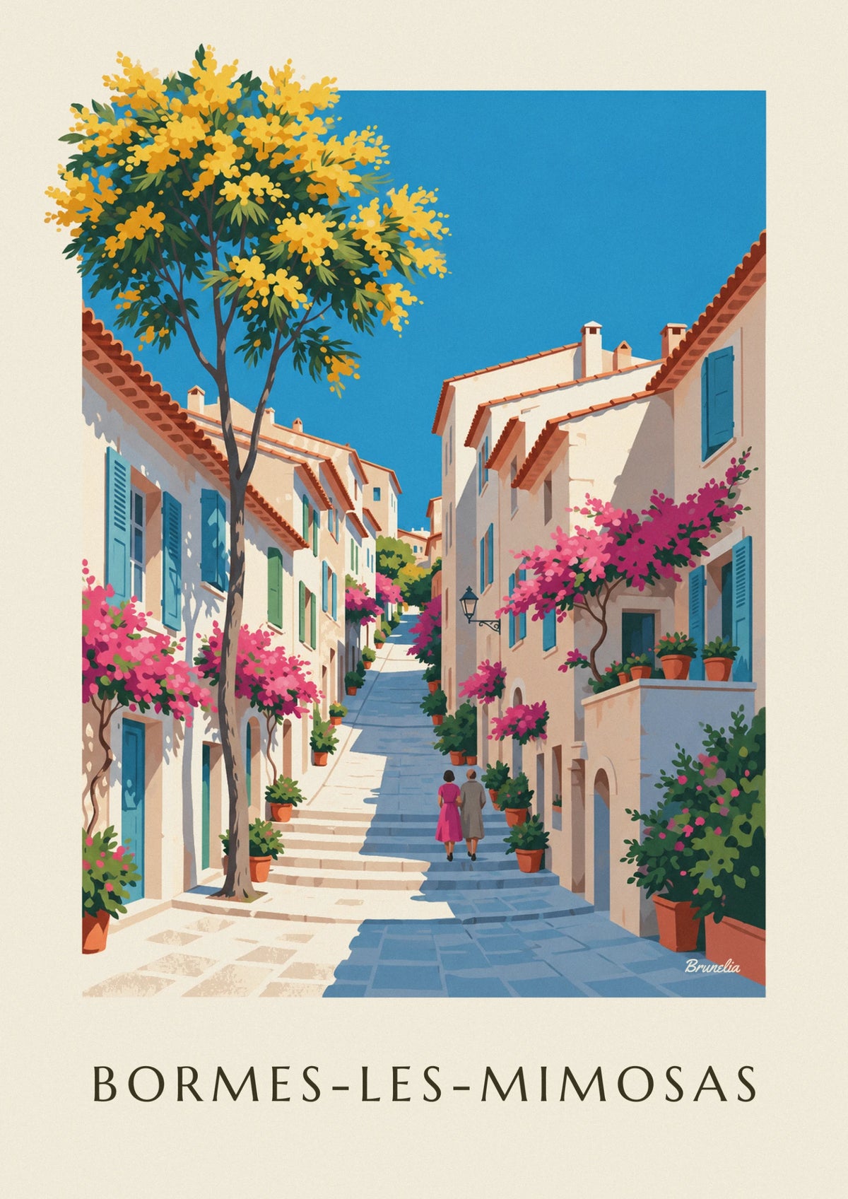 Flowered lane of Bormes-les-Mimosas and yellow mimosa poster
