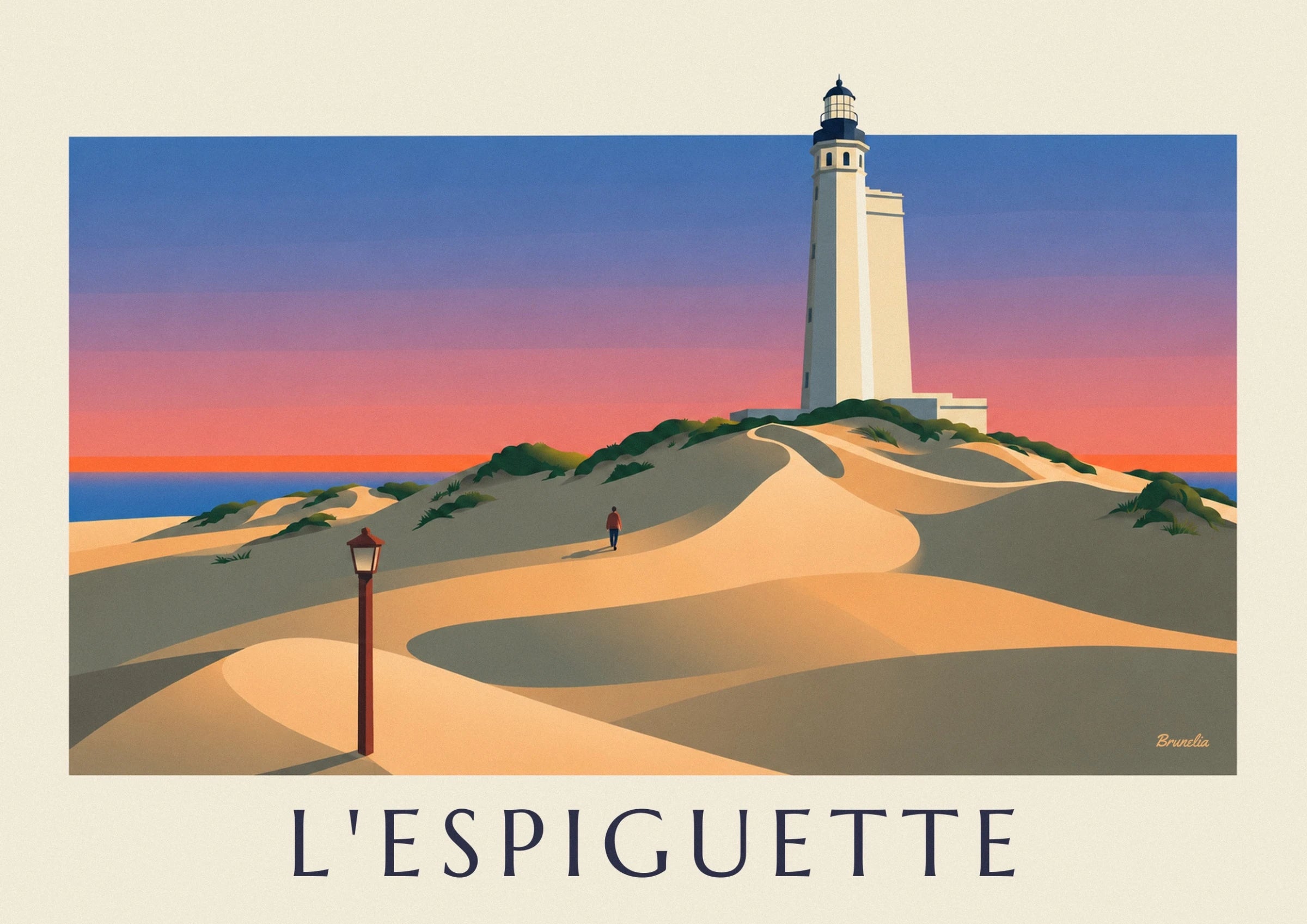 The white lighthouse of l’Espiguette and its dark lantern against a blue and pink sky