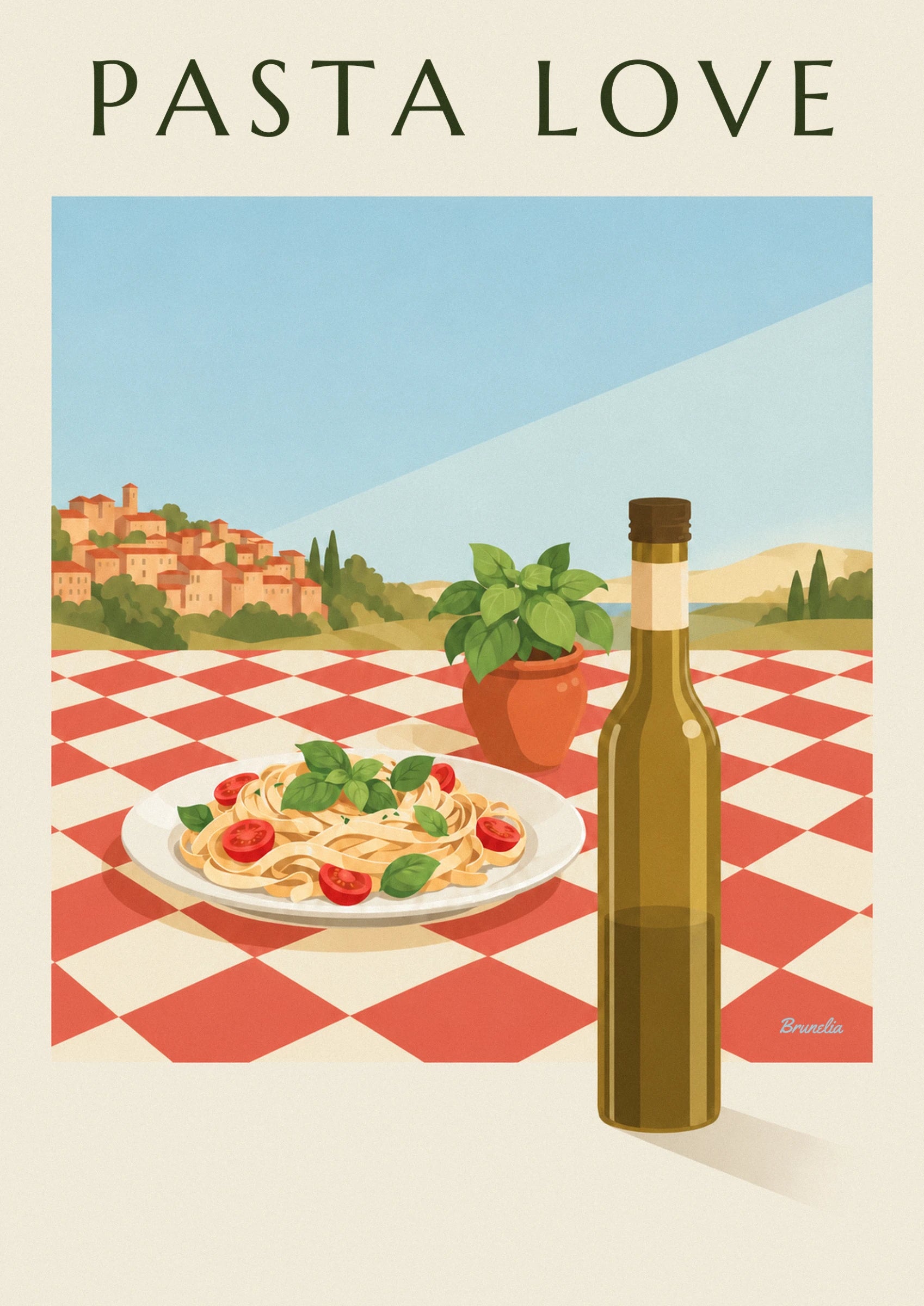 Assiette de tagliatelles au basilic et aux tomates cerises, sur la nappe à carreaux rouges