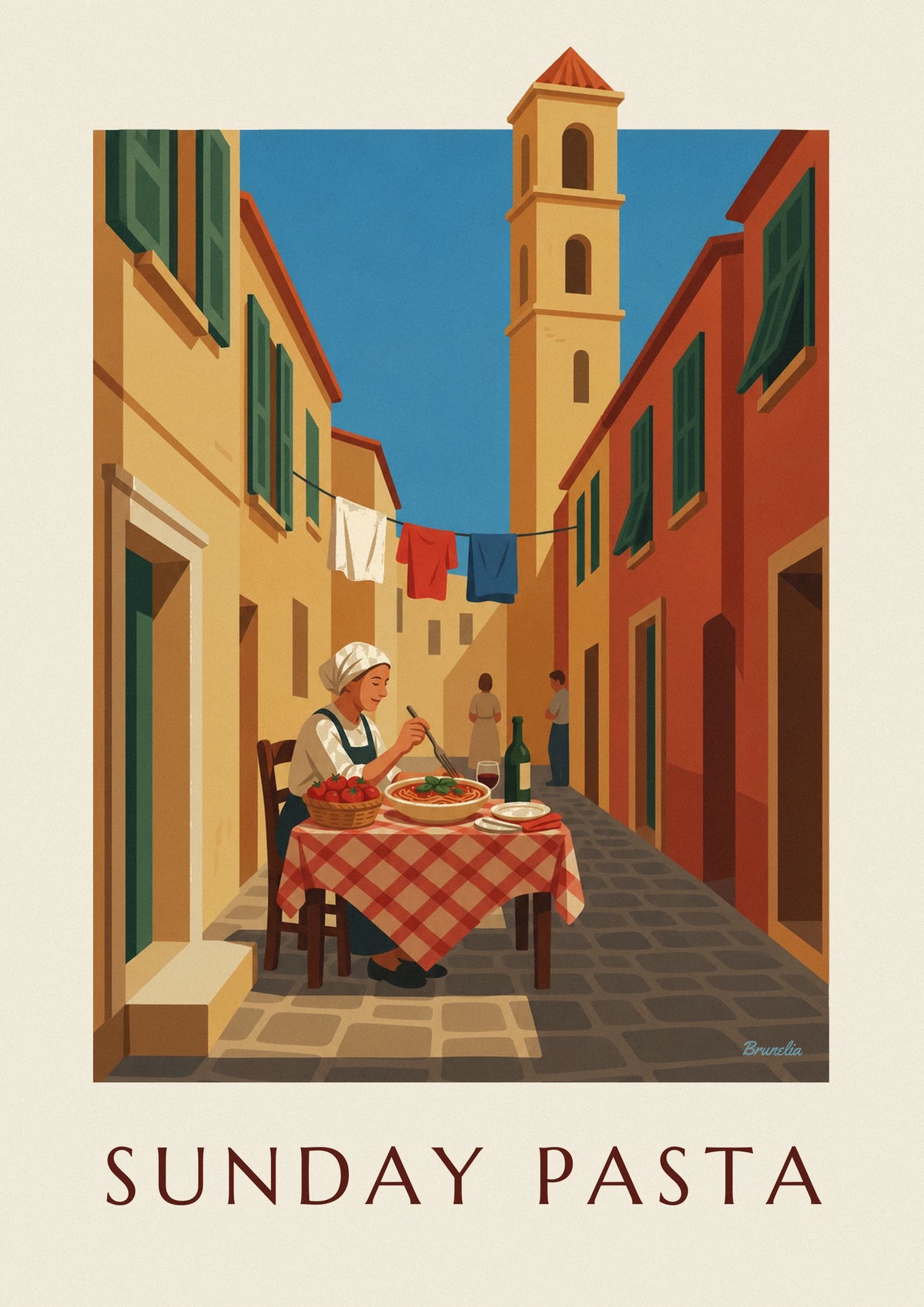 Poster Spaghetti mit Basilikum in einer italienischen Gasse