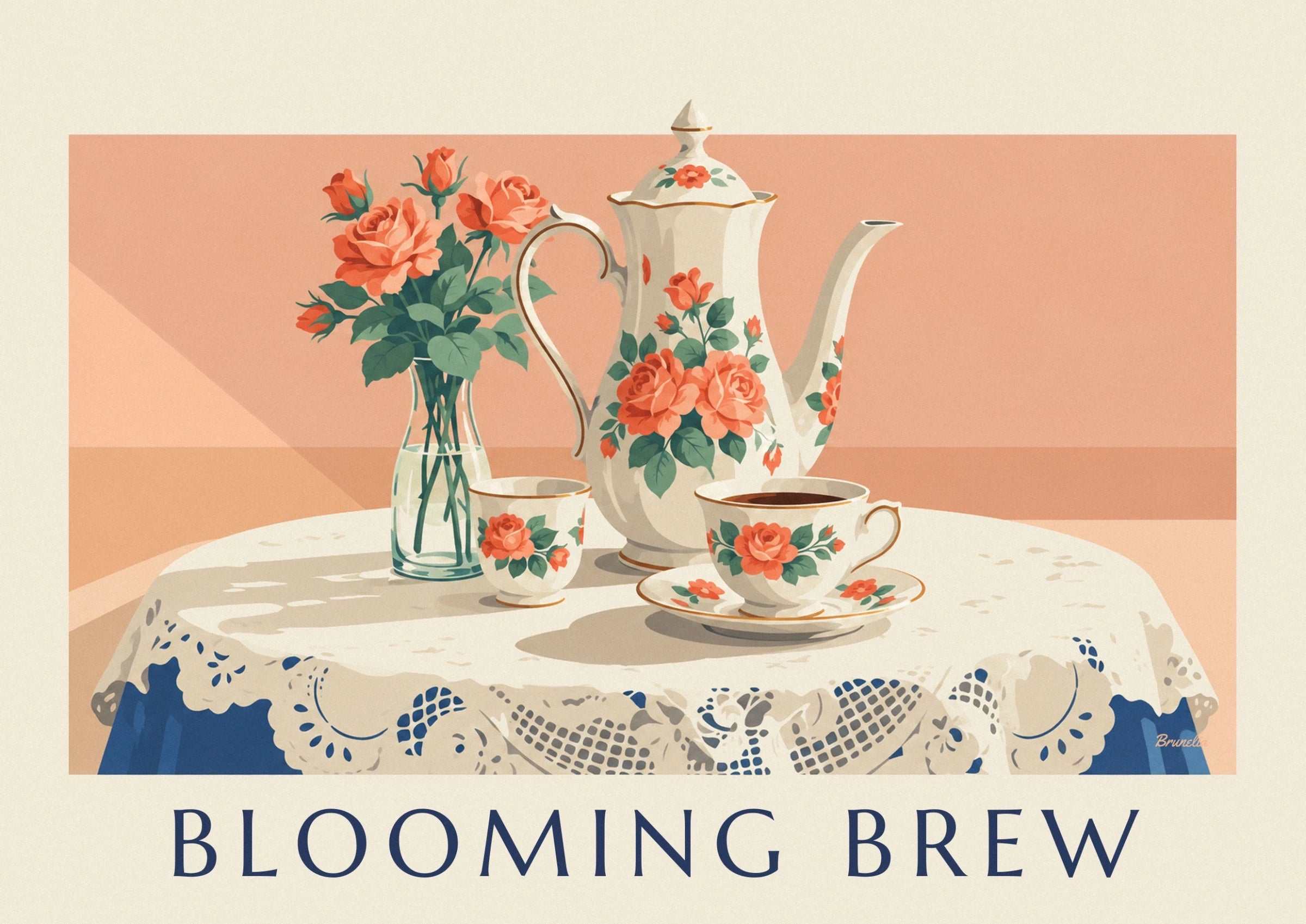 Die Porzellankanne und die Tasse mit orangefarbenen Rosen und Goldrändern