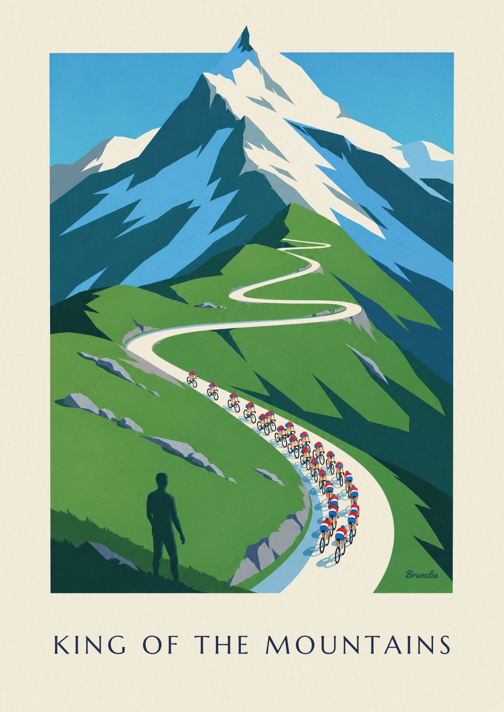 Das Peloton in roten, weißen und blauen Trikots in einer felsgesäumten Haarnadelkurve