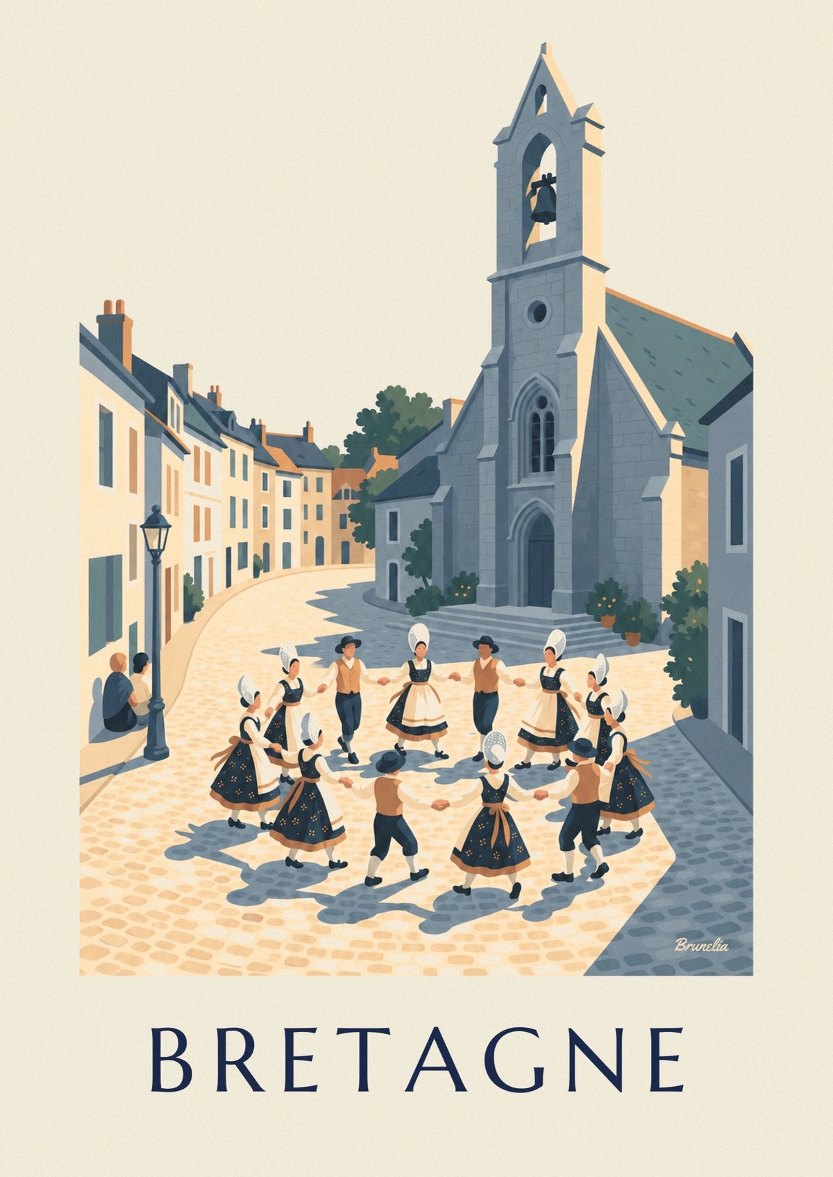 Affiche danse bretonne en costumes traditionnels sur la place