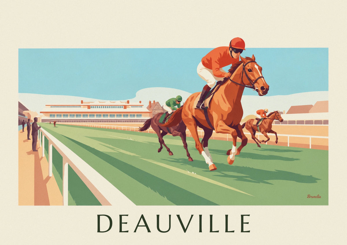 Poster Pferderennbahn Deauville und galoppierende Pferde