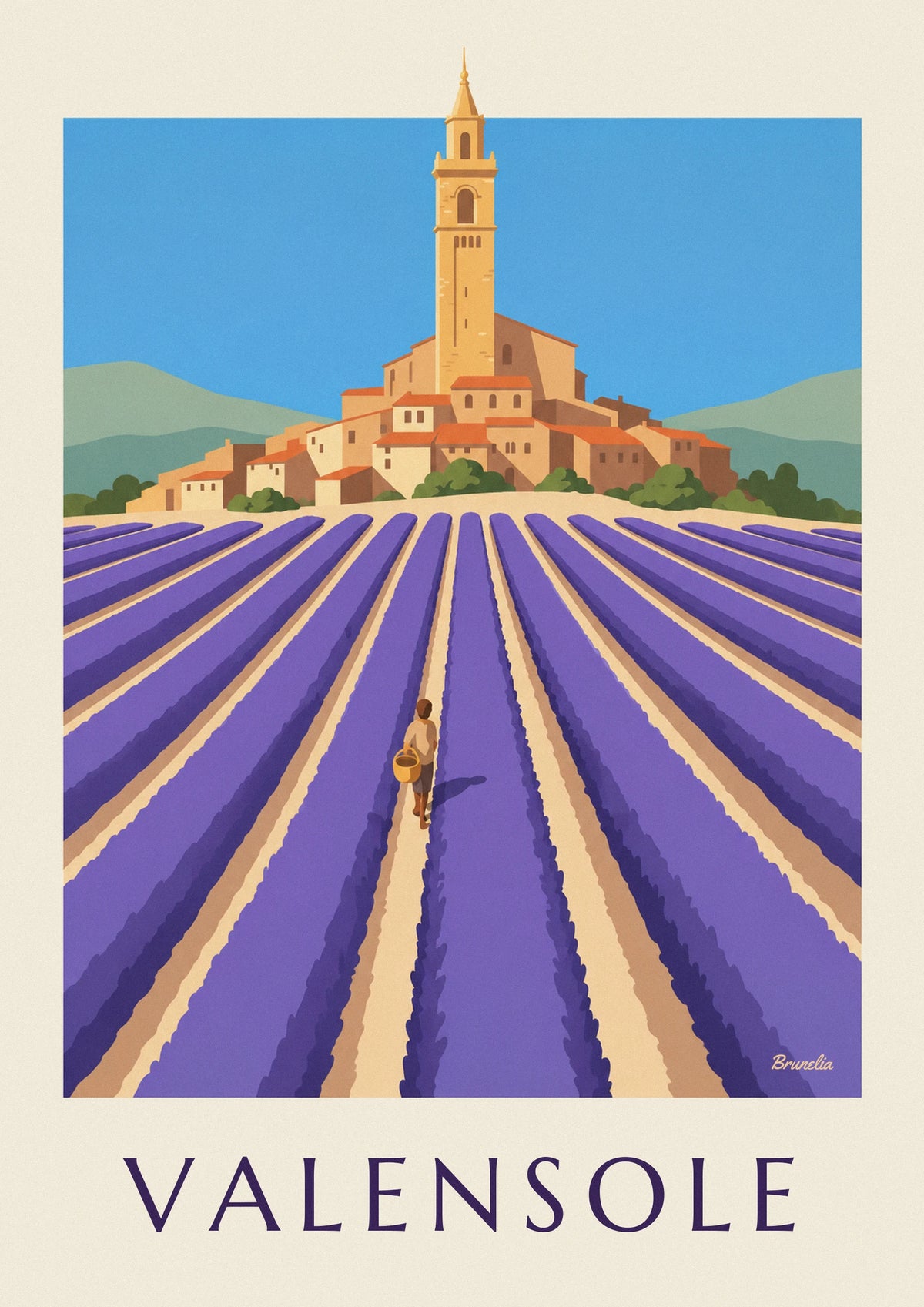 Poster Lavendelreihen und Bergdorf Valensole