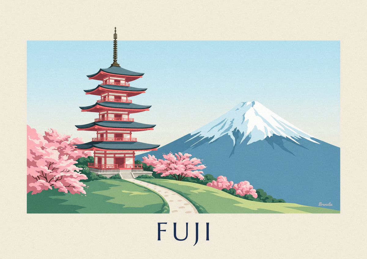 Poster Chureito-Pagode vor dem Fuji mit Kirschbäumen