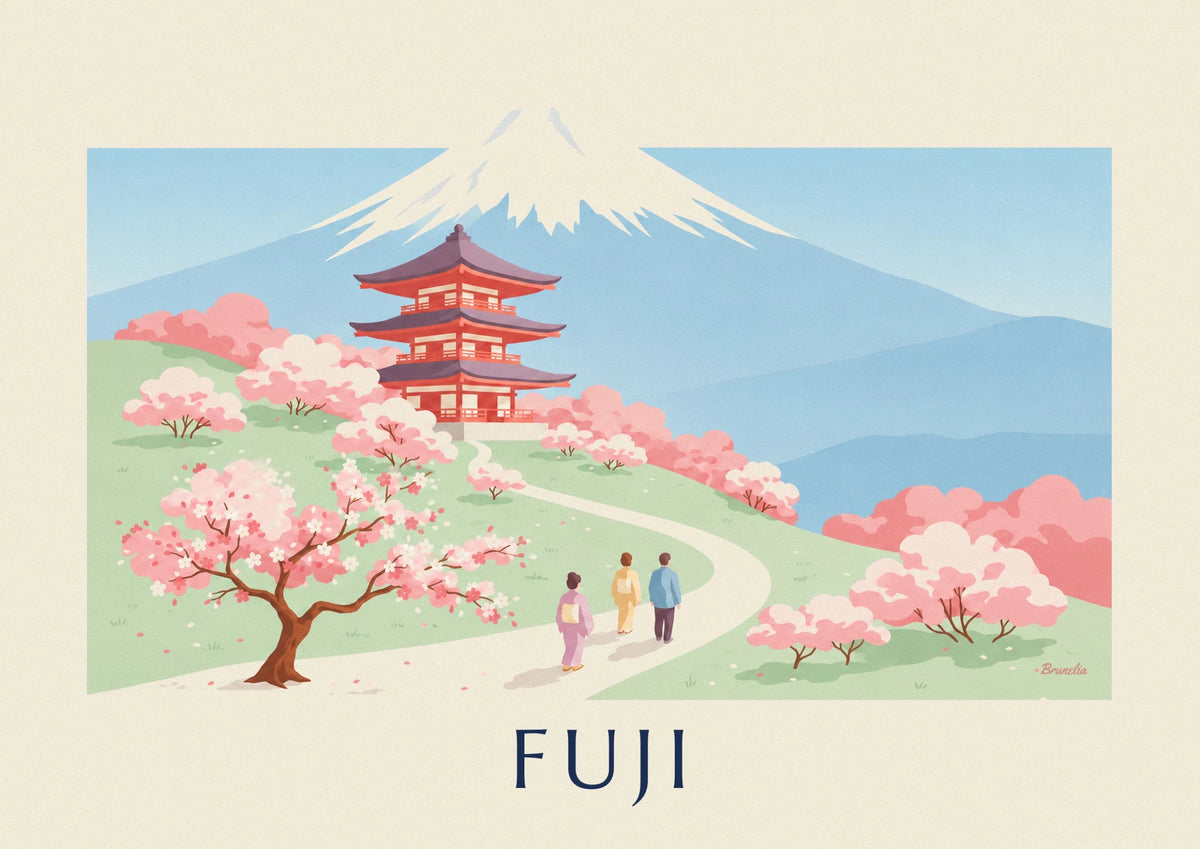 Affiche pagode Chureito face au mont Fuji et cerisiers
