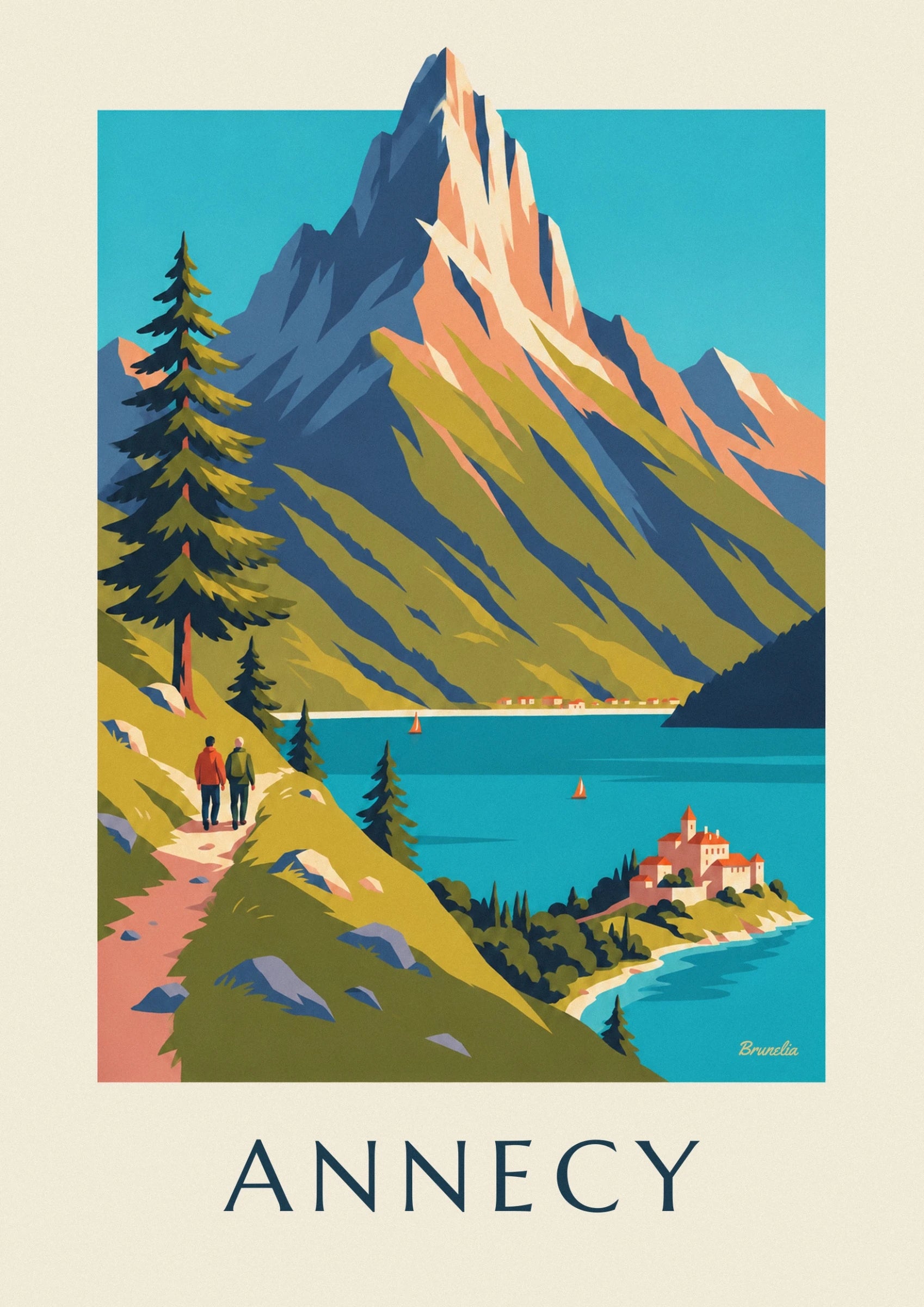 Die steilen Bergwände mit blauen Schatten und orangefarbenem Fels