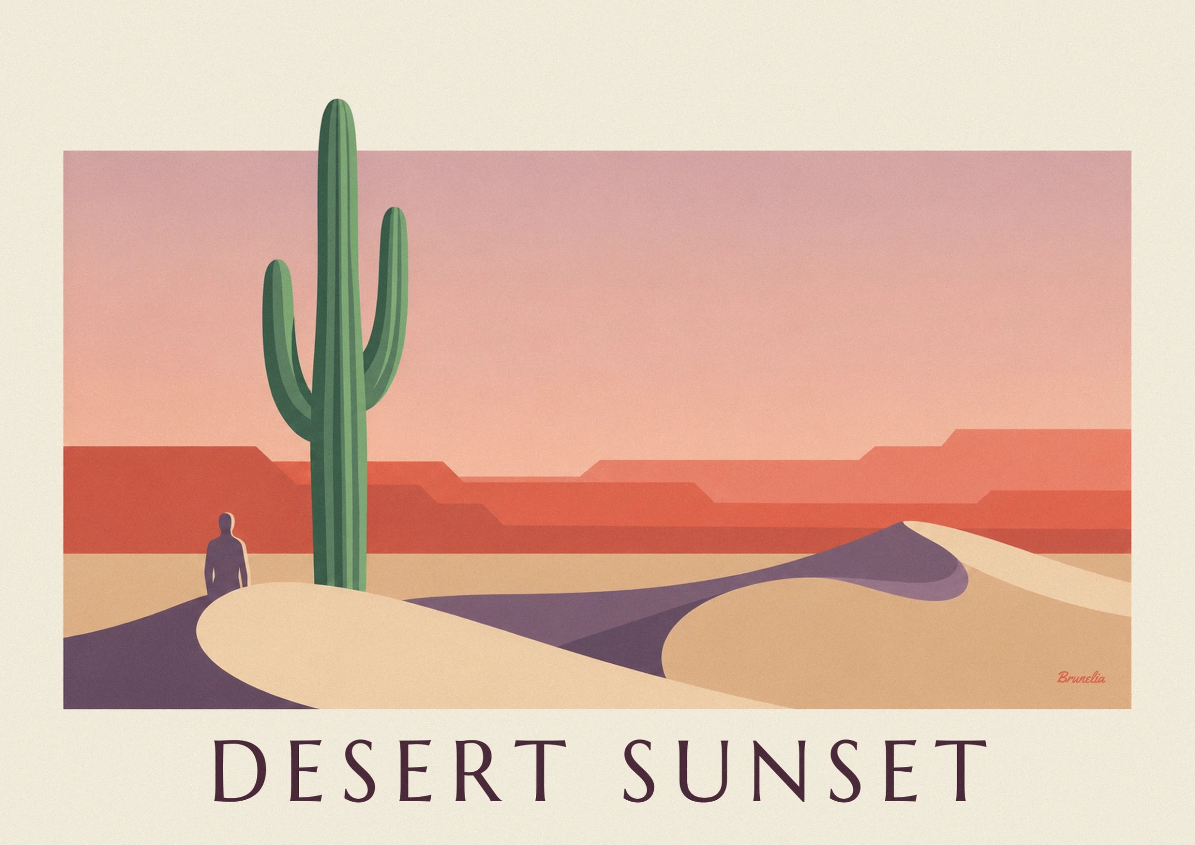Der hohe grüne Saguaro und die violette Silhouette eines Wanderers vor den roten Felswänden