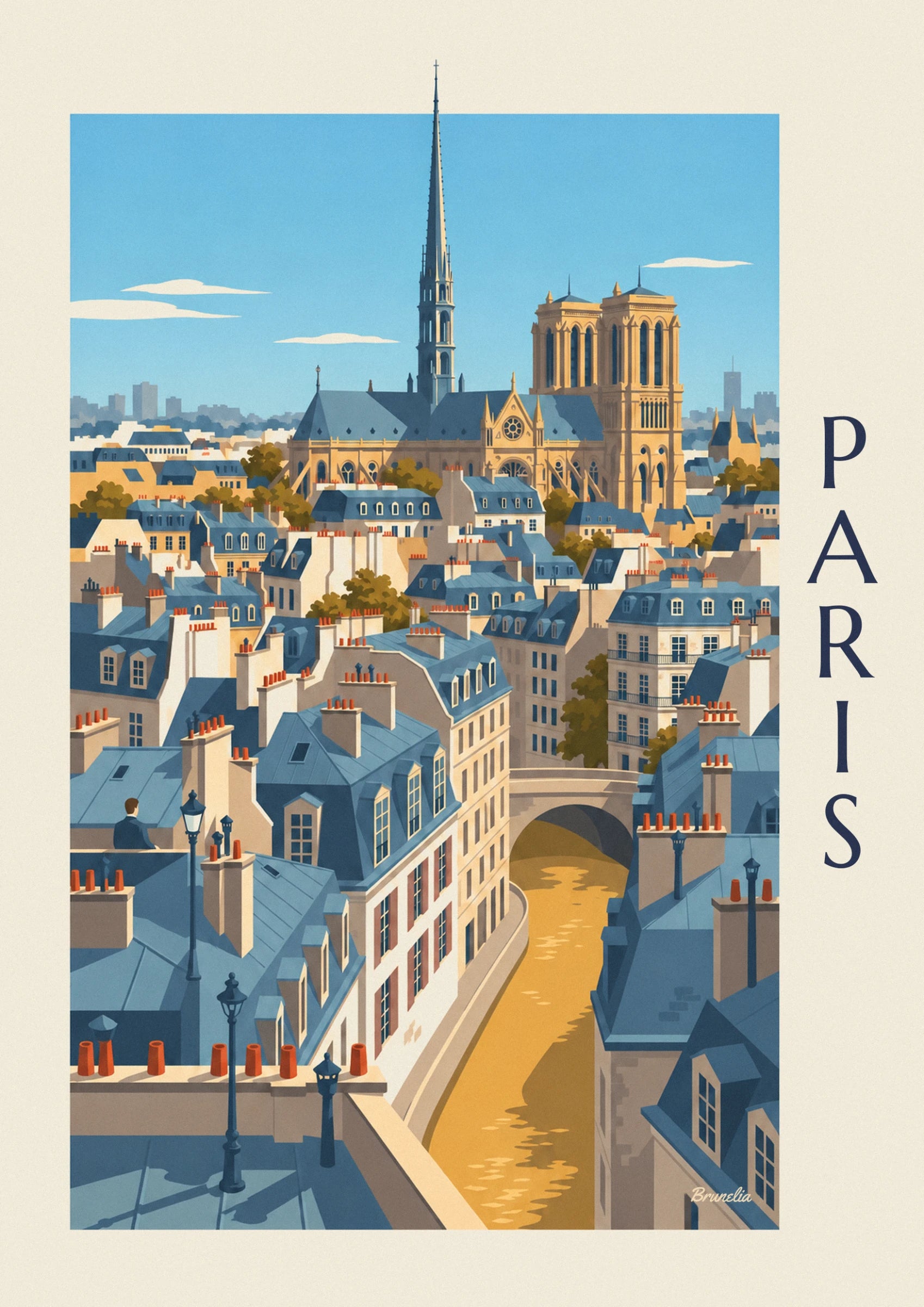 Die 2 goldenen Türme von Notre-Dame und die Turmspitze unter einem blassblauen Himmel