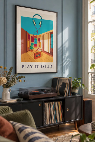 Poster Kassettenspieler und Kopfhörer „Play It Loud“: gerahmt an der Wand
