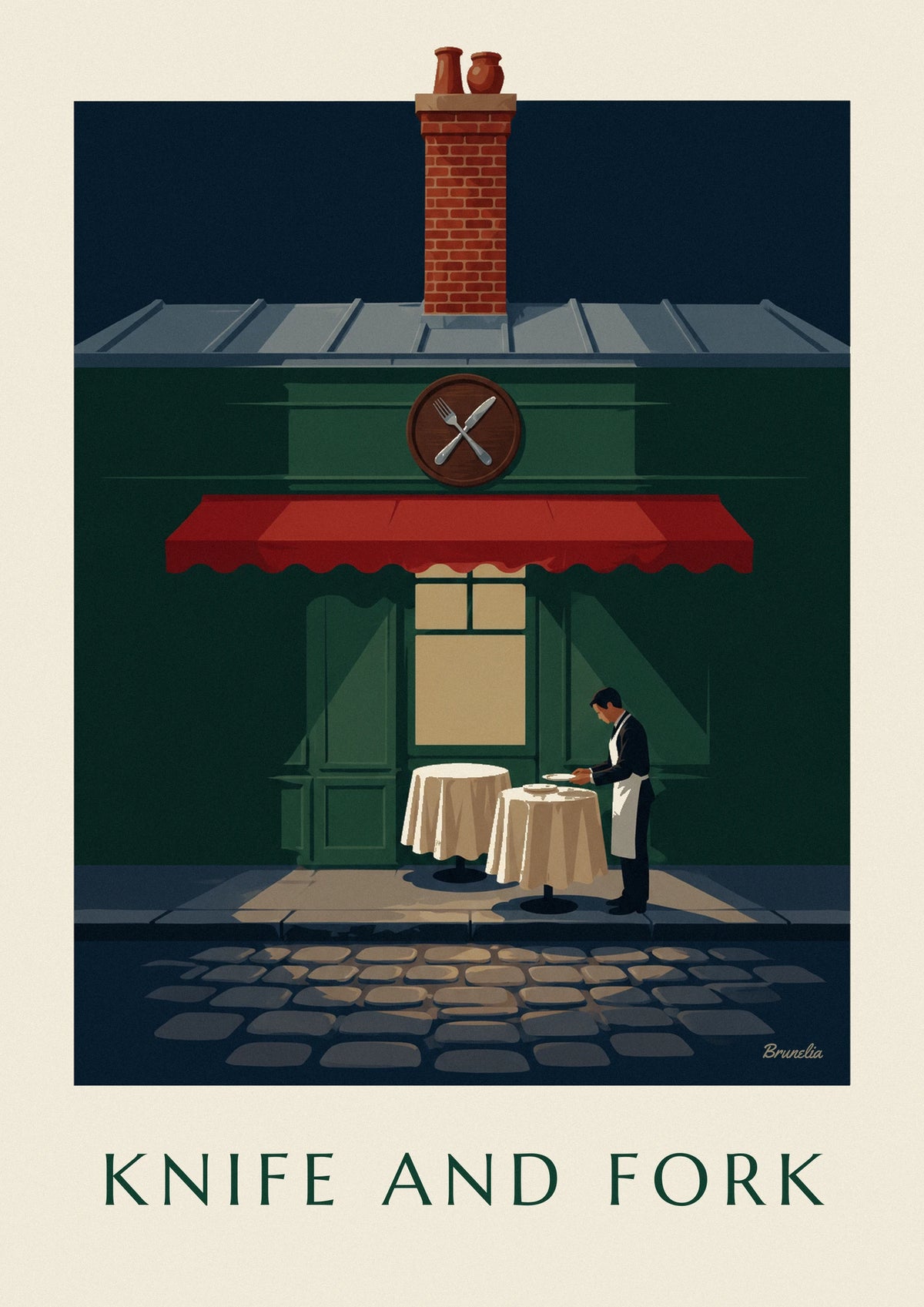 Silver fork and knife on a Paris bistro poster